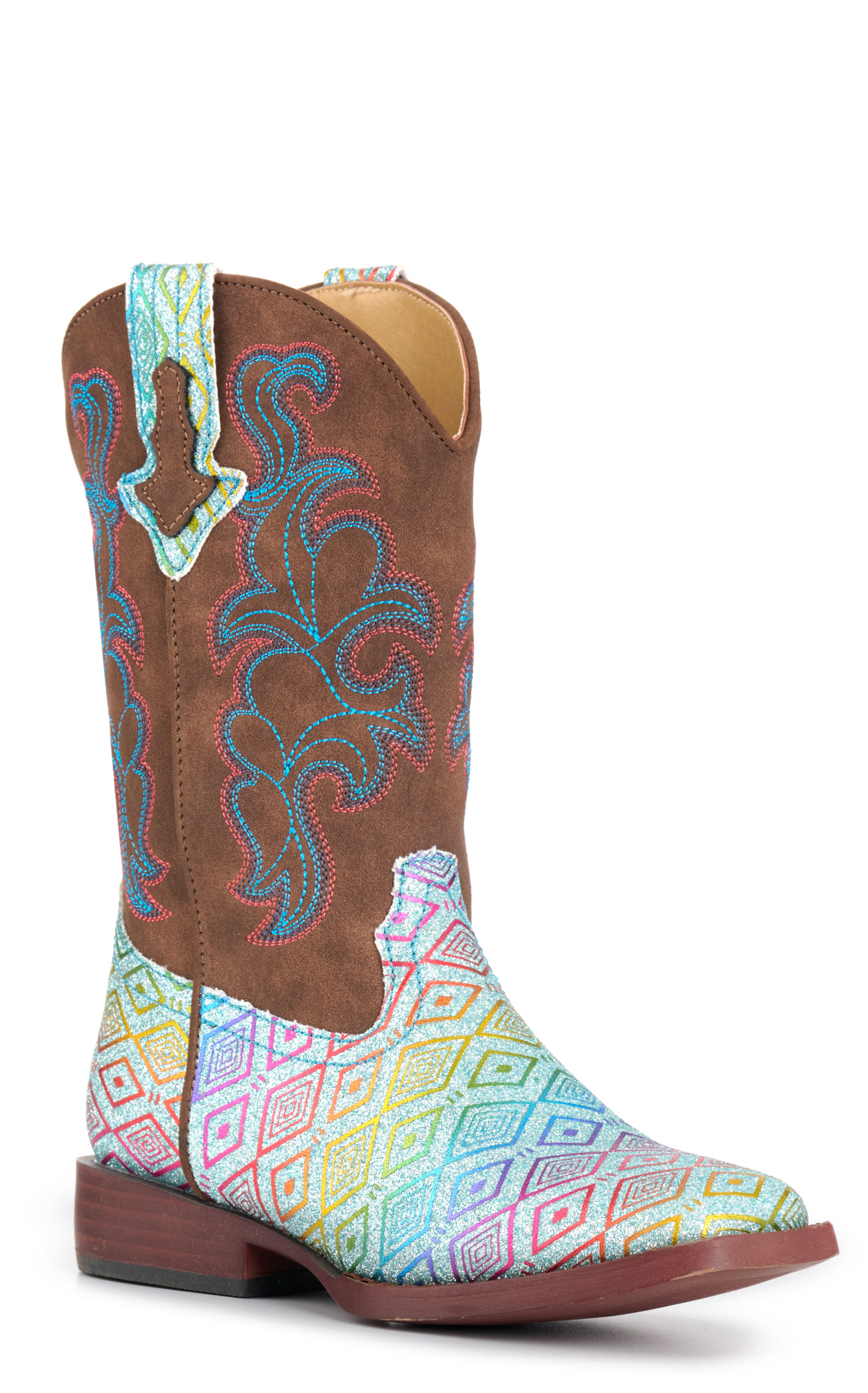 Roper GIrls' Maya Multi-Color Glitter and Brown Square Toe Cowboy Boots - Image 1