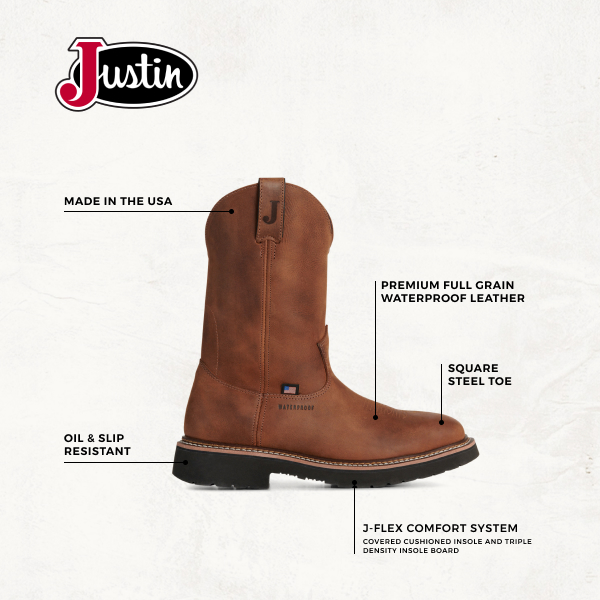 Justin Walnut Waterproof Wide Square Toe Work Boots - Image 1