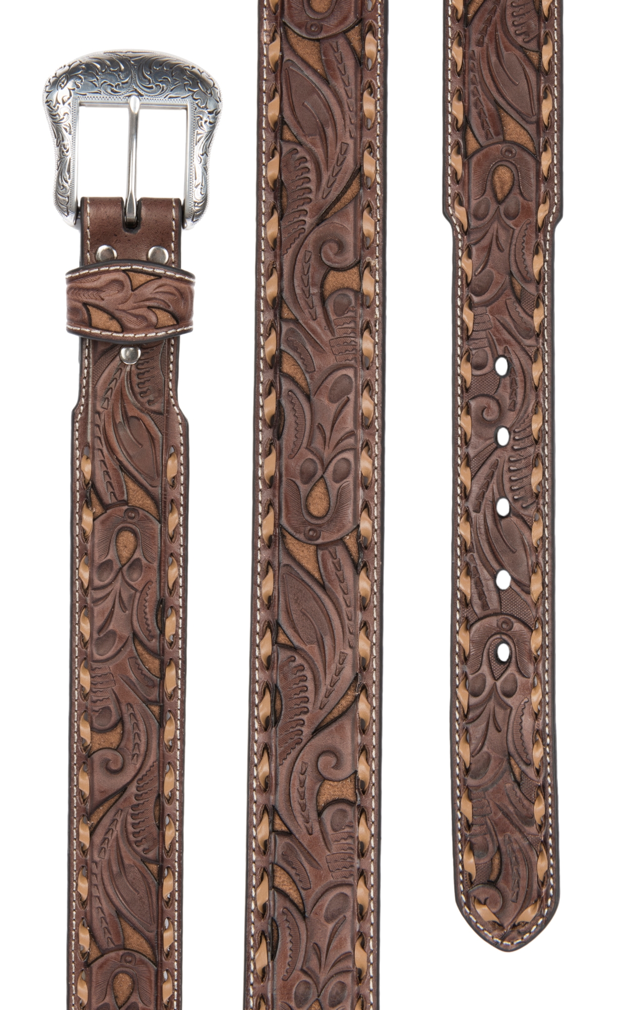 Nocona Men's Brown Genuine Leather Floral with Tan Inlay & Lace Western Belt - Image 1