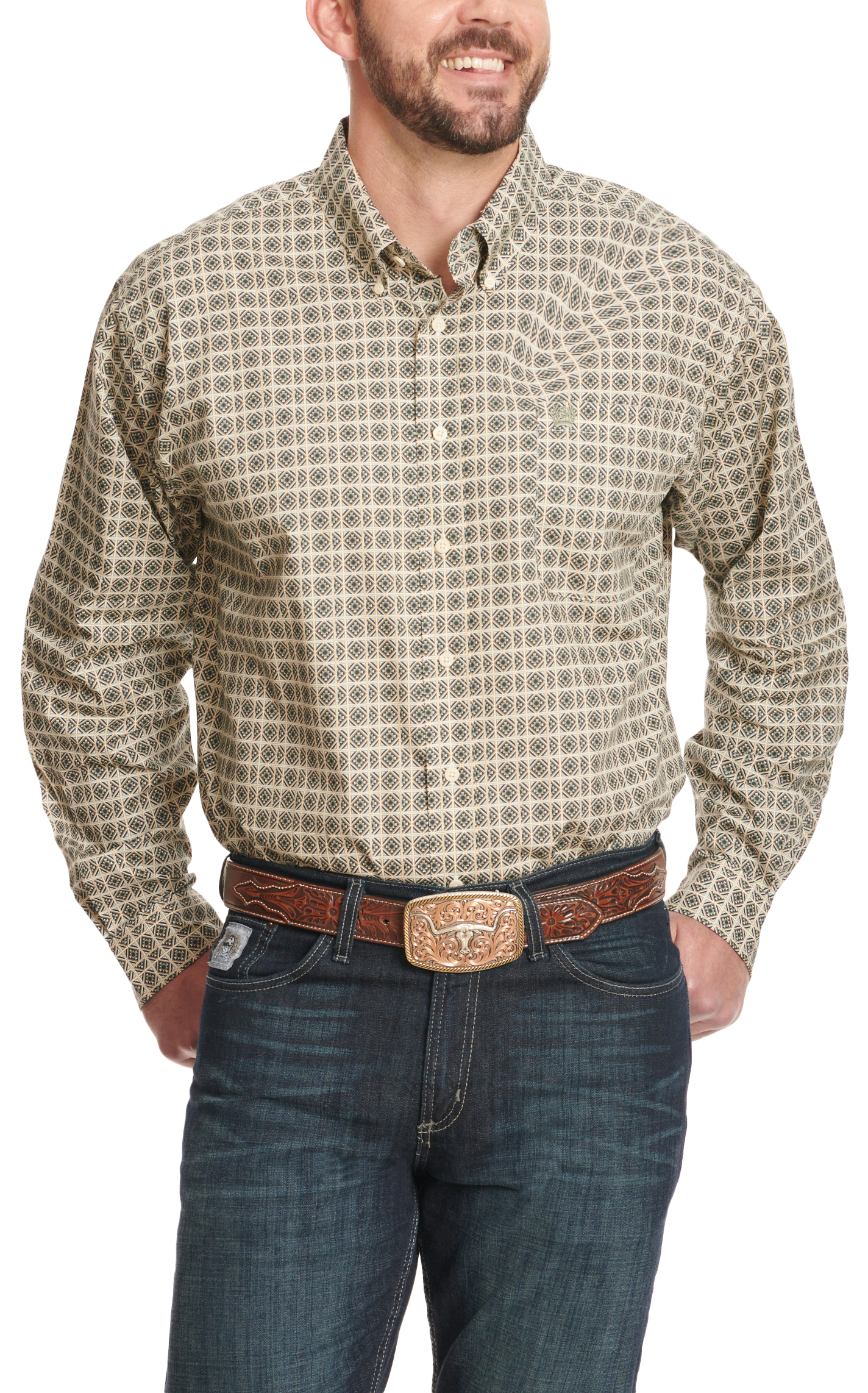 Cinch Men's Navy & Antique Gold Geo Print Western Shirt - Image 1