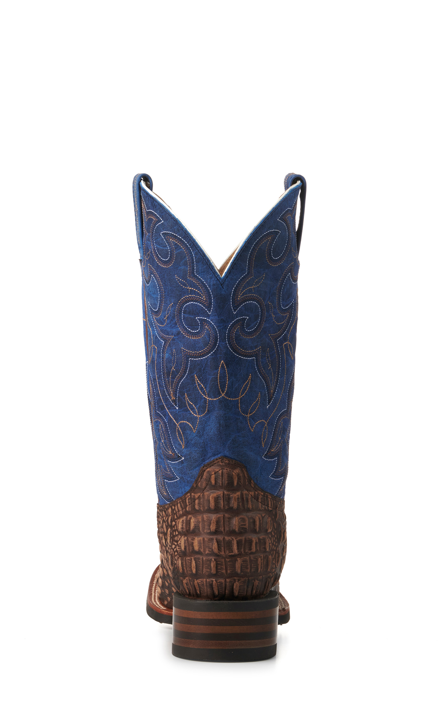 Cavender's Men's Intrepid Rustic Chocolate Caiman Print and Blue Wide Square Toe Cowboy Boots - Image 1