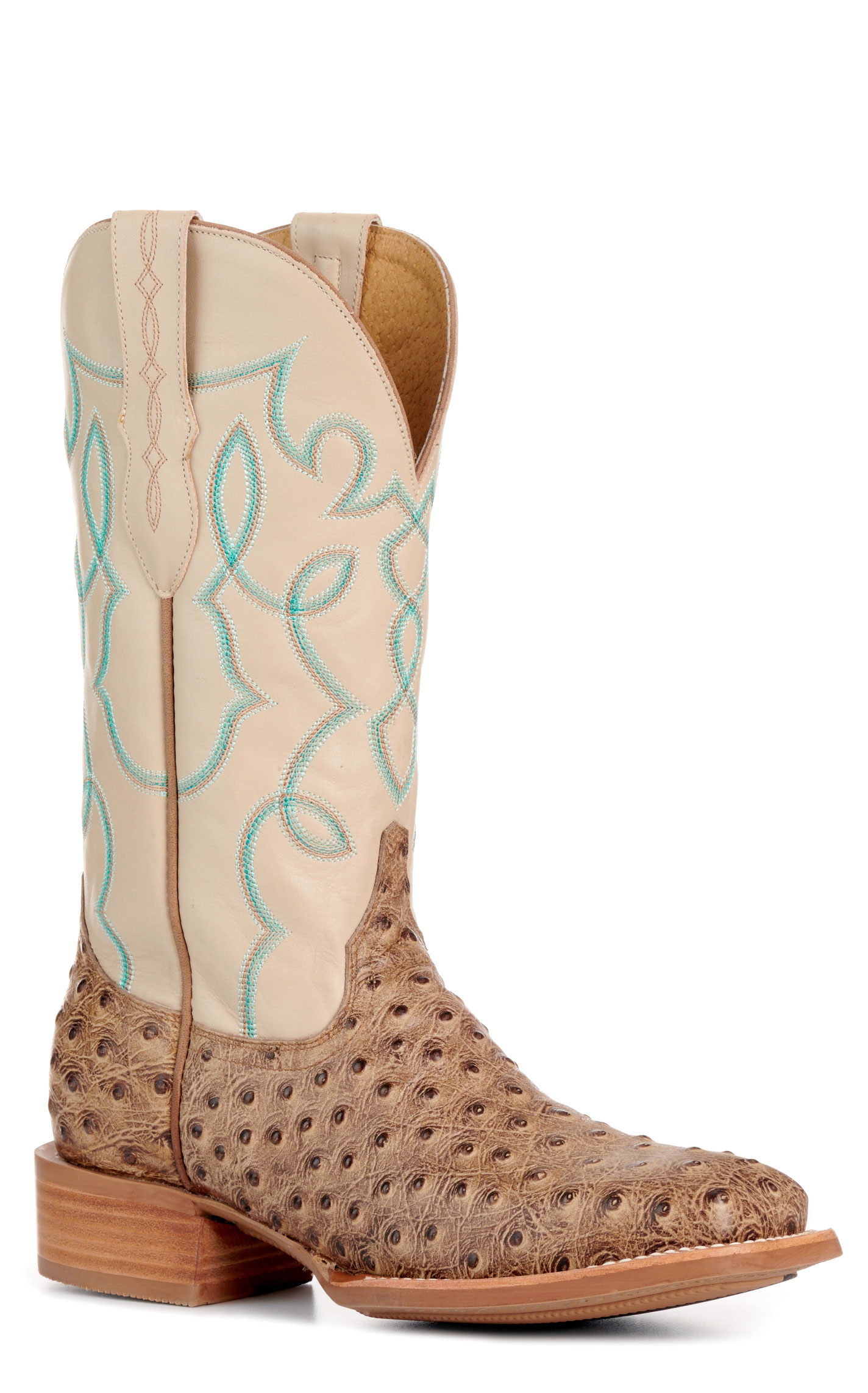 Cavender’s Women’s Intrepid Sand Ostrich Print and Bone Wide Square Toe Cowboy Boots  - Image 1