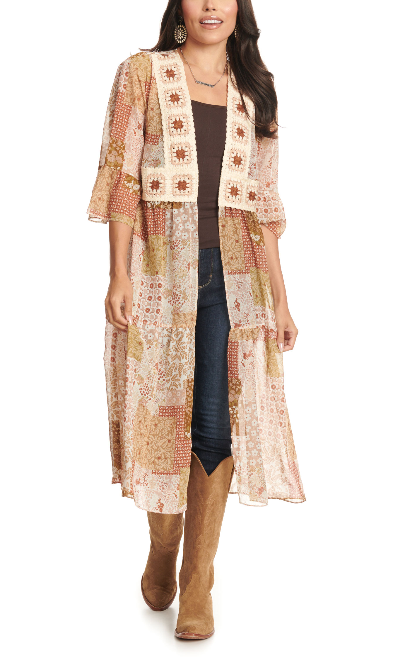 Moa Moa Women's Cinnamon Floral Patchwork & Crochet Kimono - Image 1