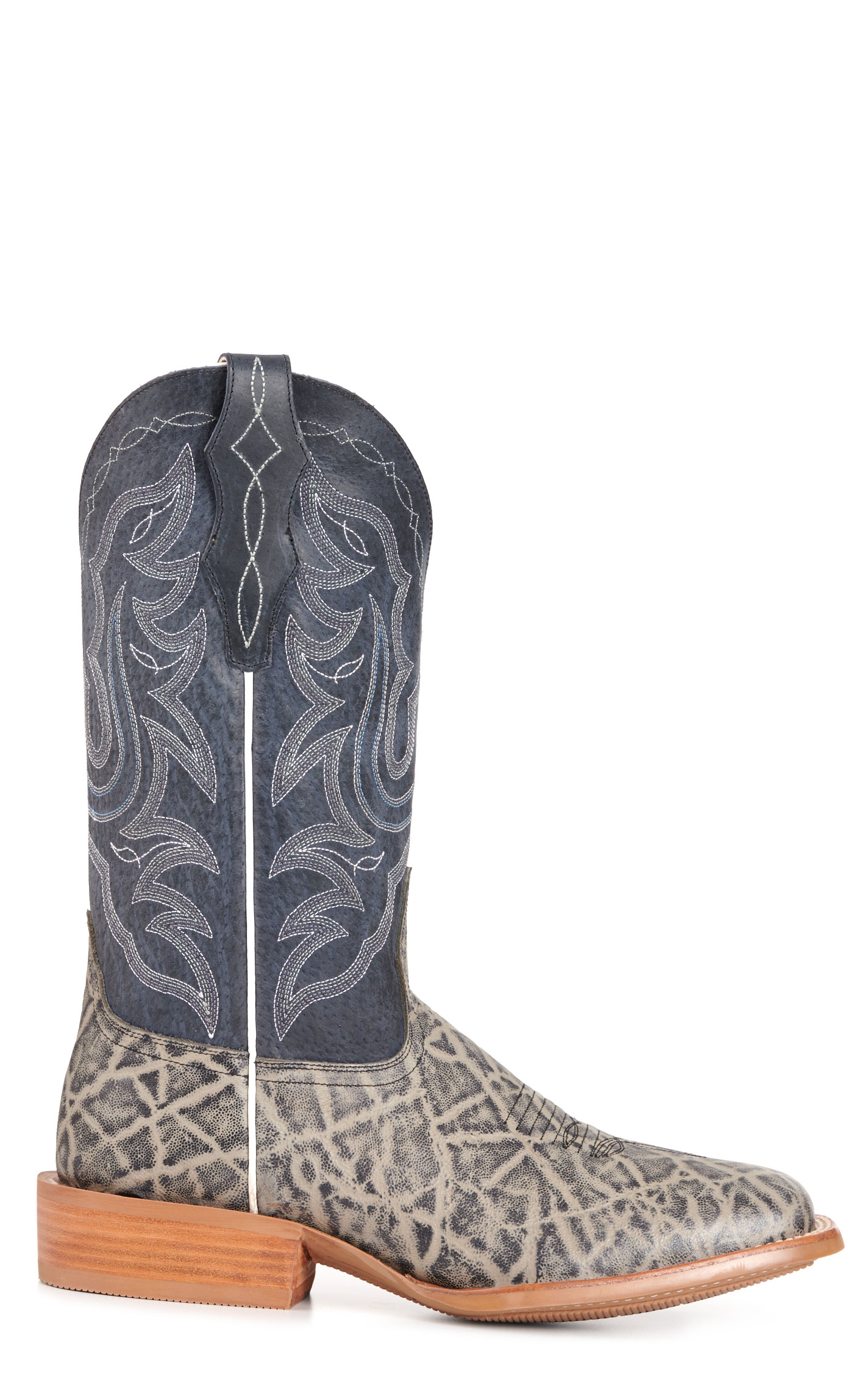 Cavender's Men's Intrepid Gray Elephant Print and Dark Blue Suede Wide Square Toe Cowboy Boots - Image 1