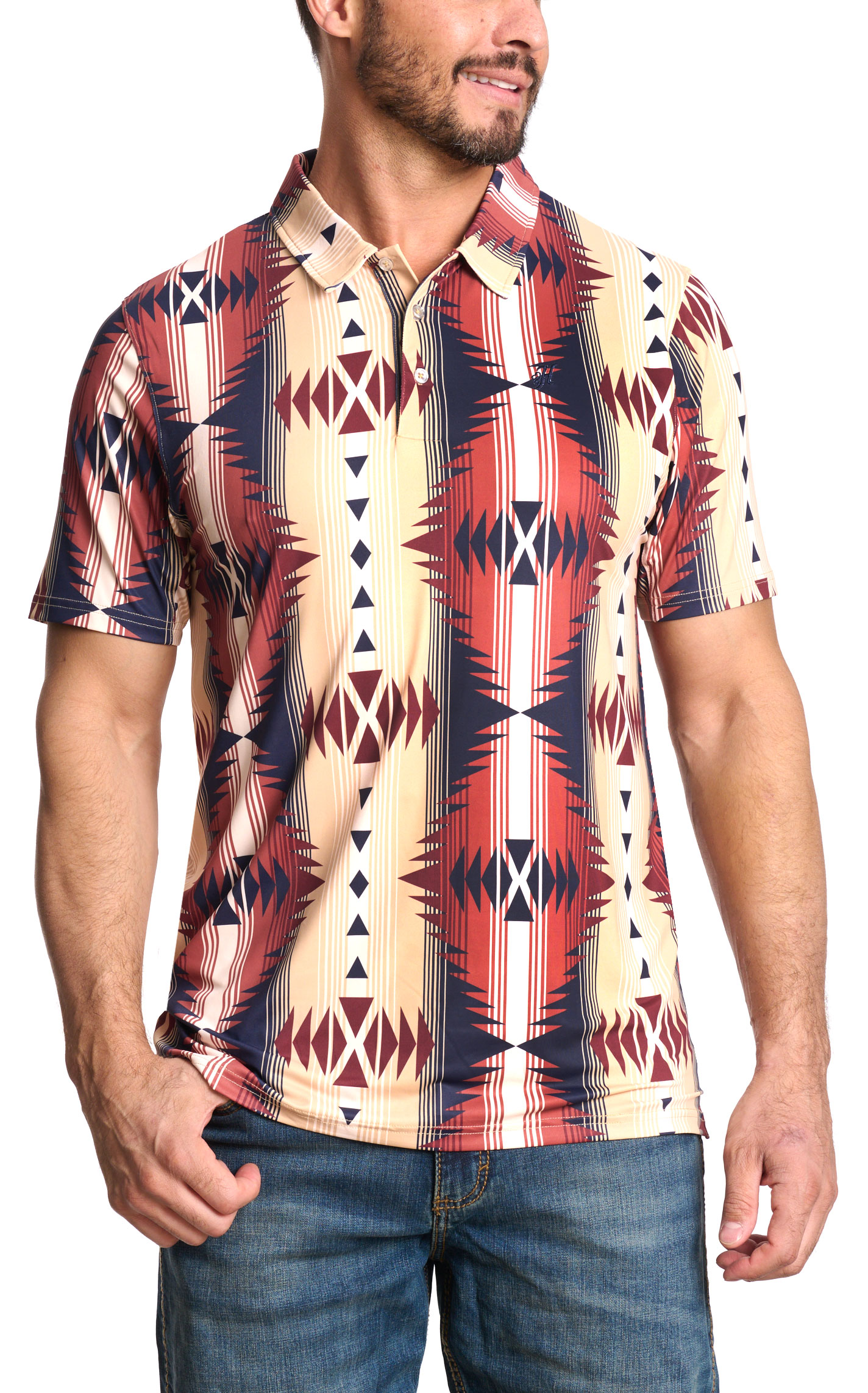 Hooey Men's Rust & Latte Aztec Striped Weekender Polo Shirt - Image 1