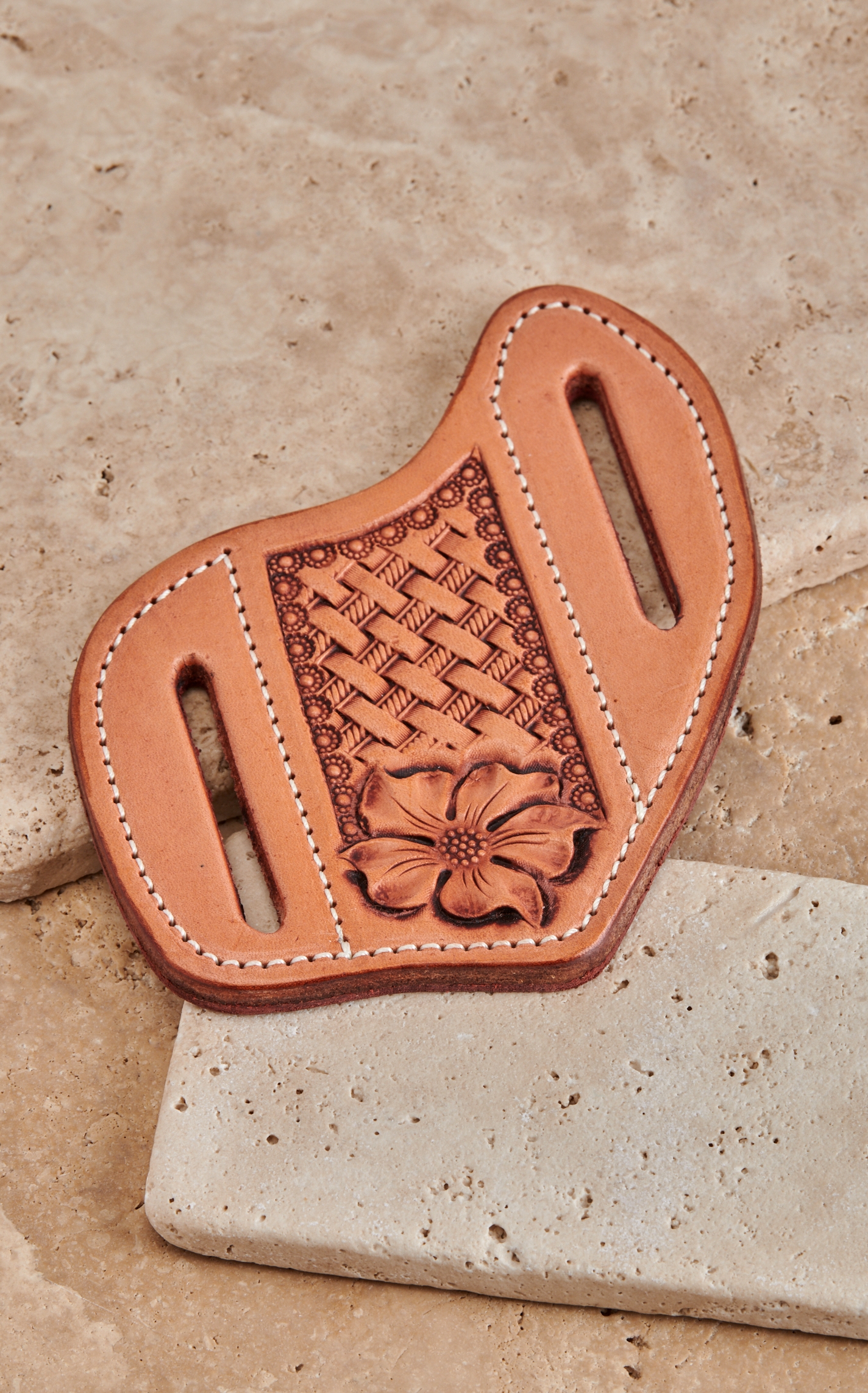 Randall Leather Designs Tan Leather Floral Basket Weave Pancake Knife Sheath - Image 1