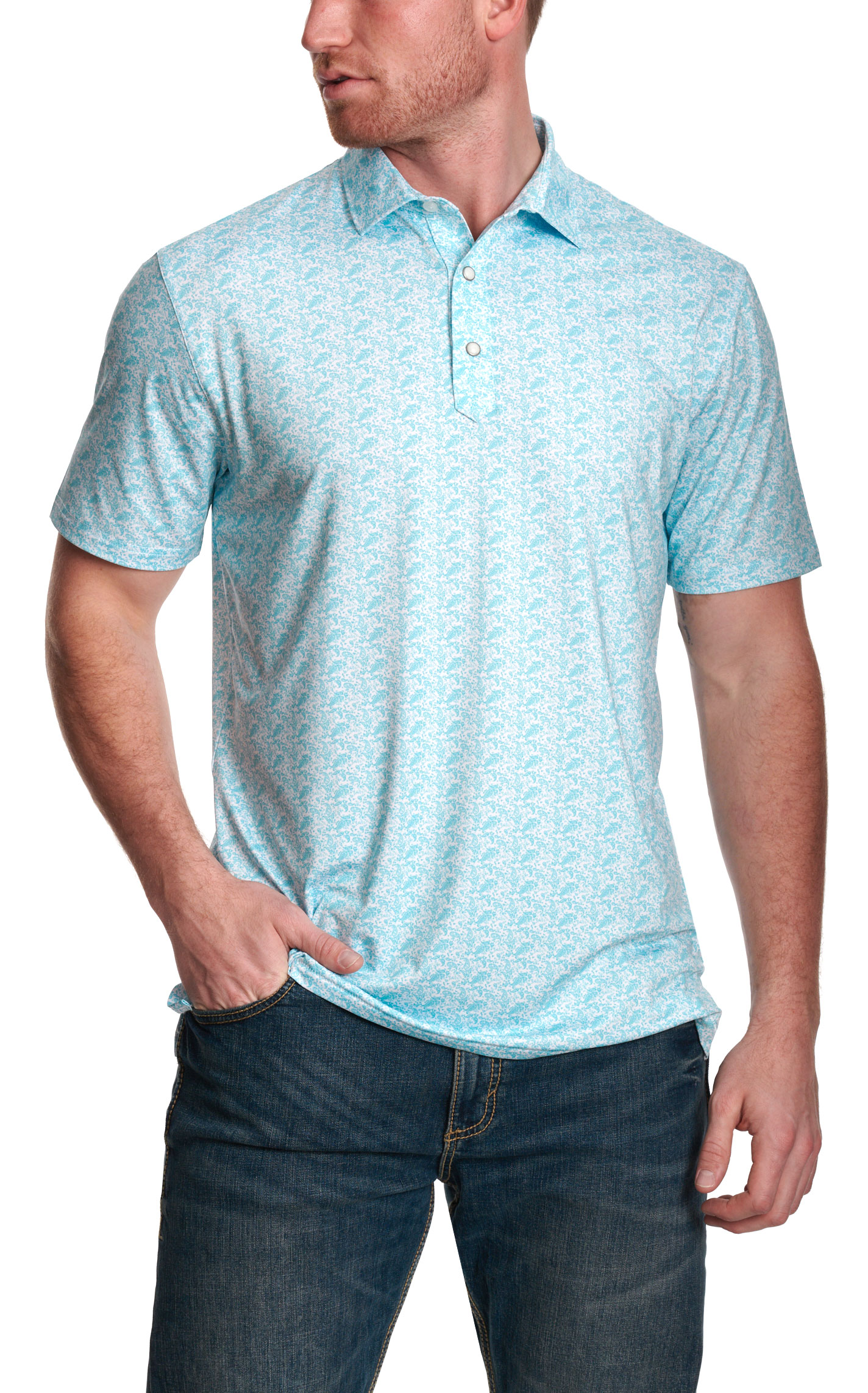 Rafter C Men’s May Turquoise Paisley Print Polo Shirt - Image 1