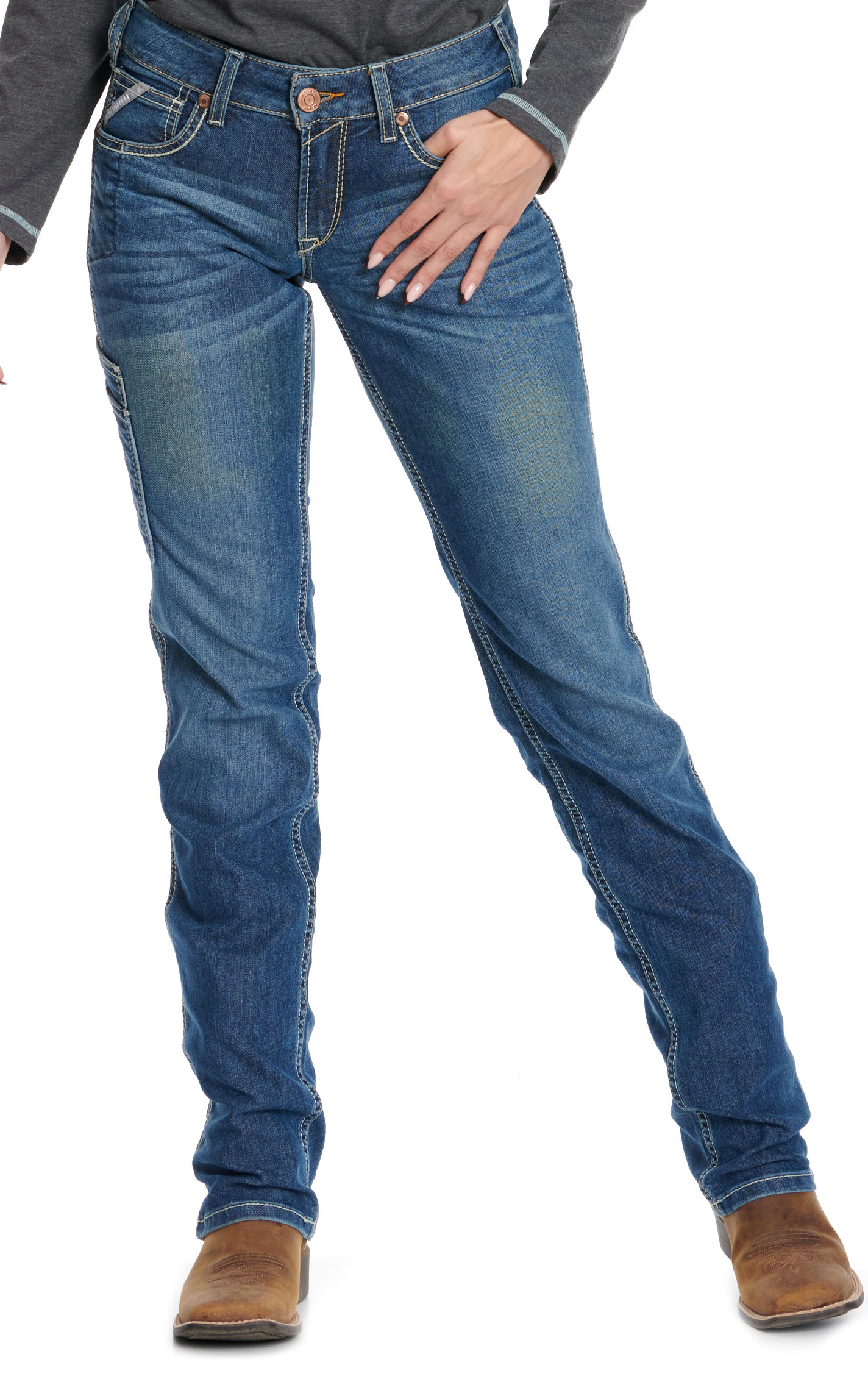 Ariat Rebar Women's DuraStretch Riveter Dark Wash Mid Rise Straight Leg Work Jeans - Image 1