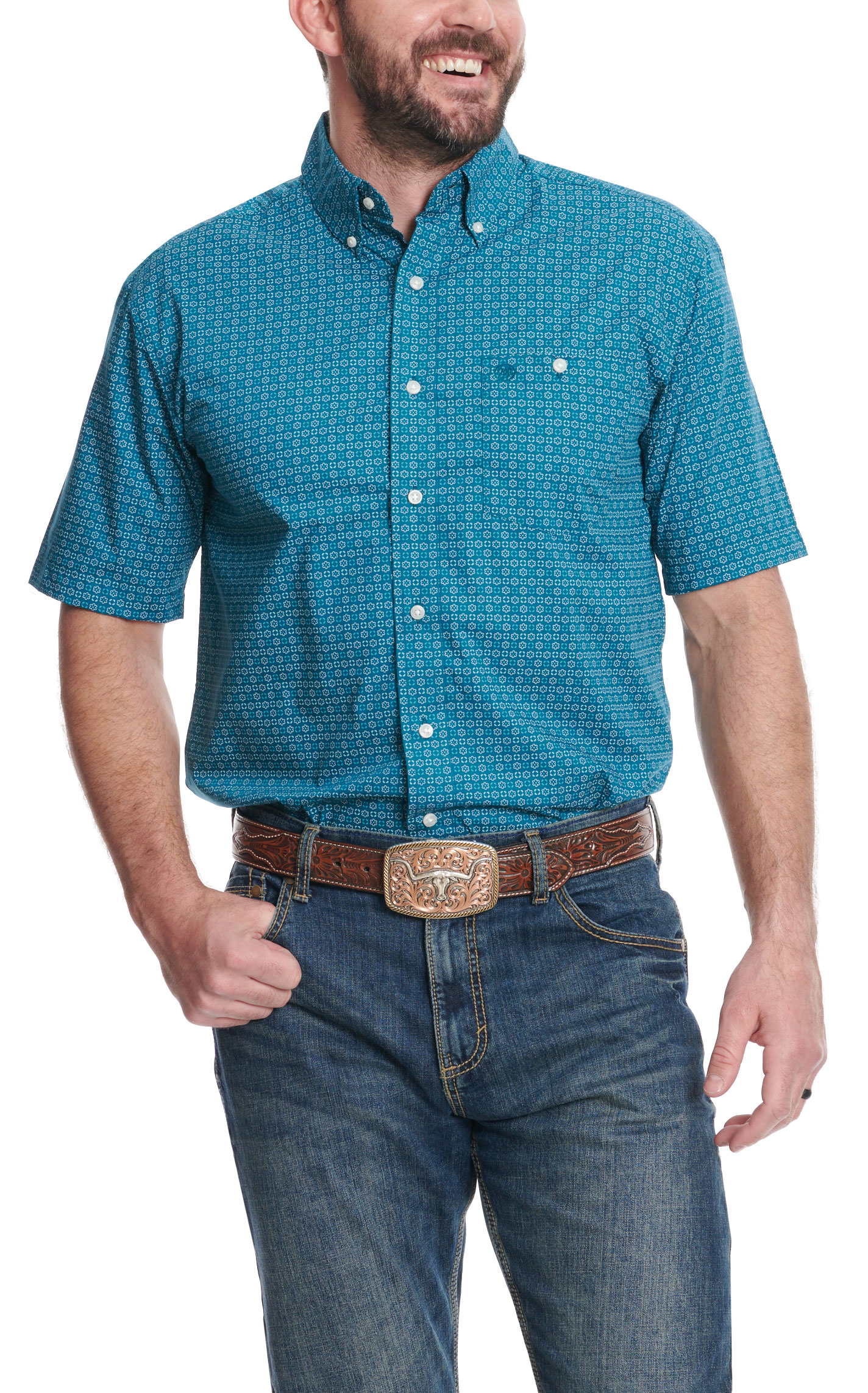 Wrangler Men's Teal & White Geo Print Relaxed Fit Western Shirt - Image 1