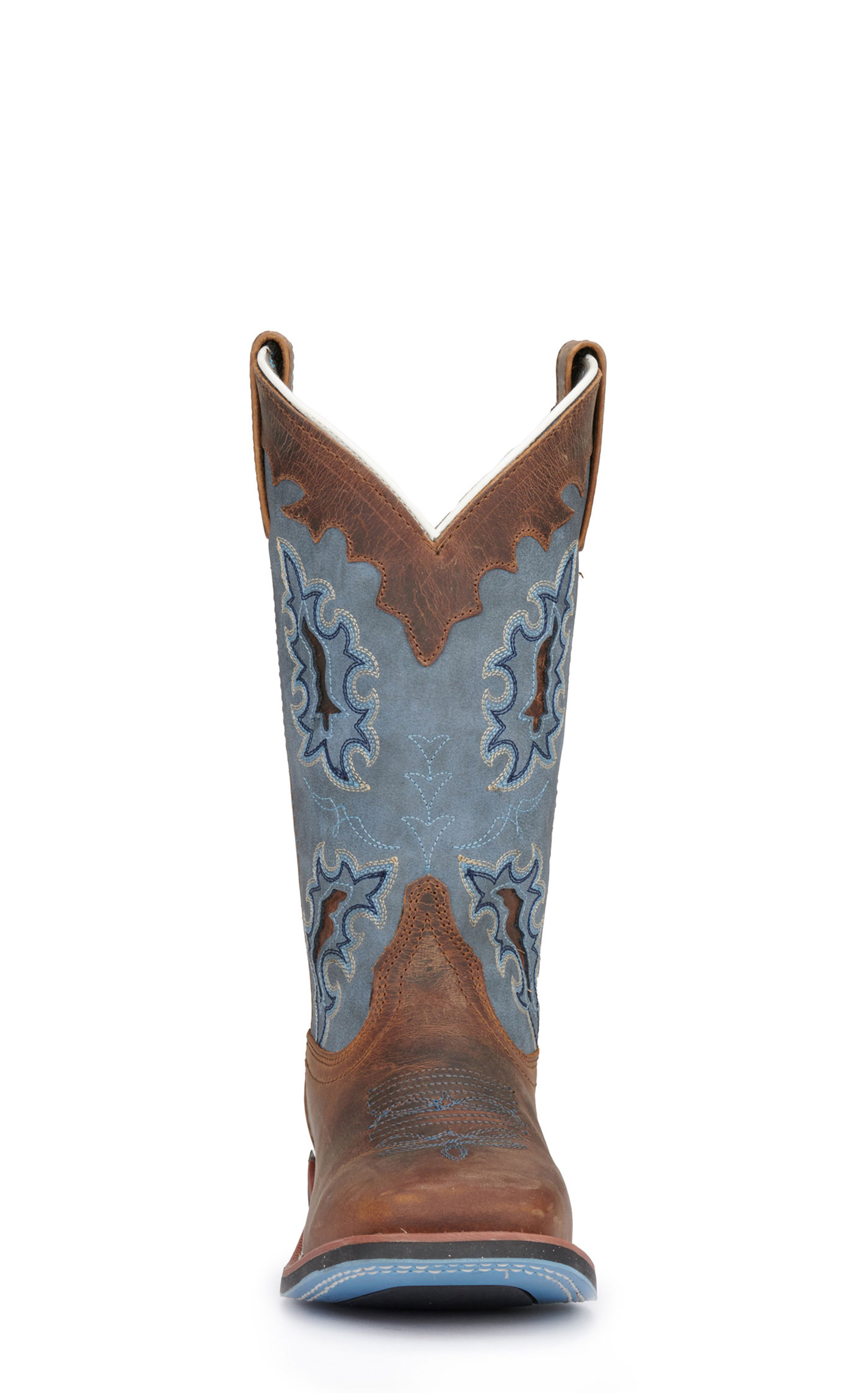 Laredo Women's Isla Tan Distressed Leather with Blue Denim Top Square Toe Cowboy Boots - Image 1
