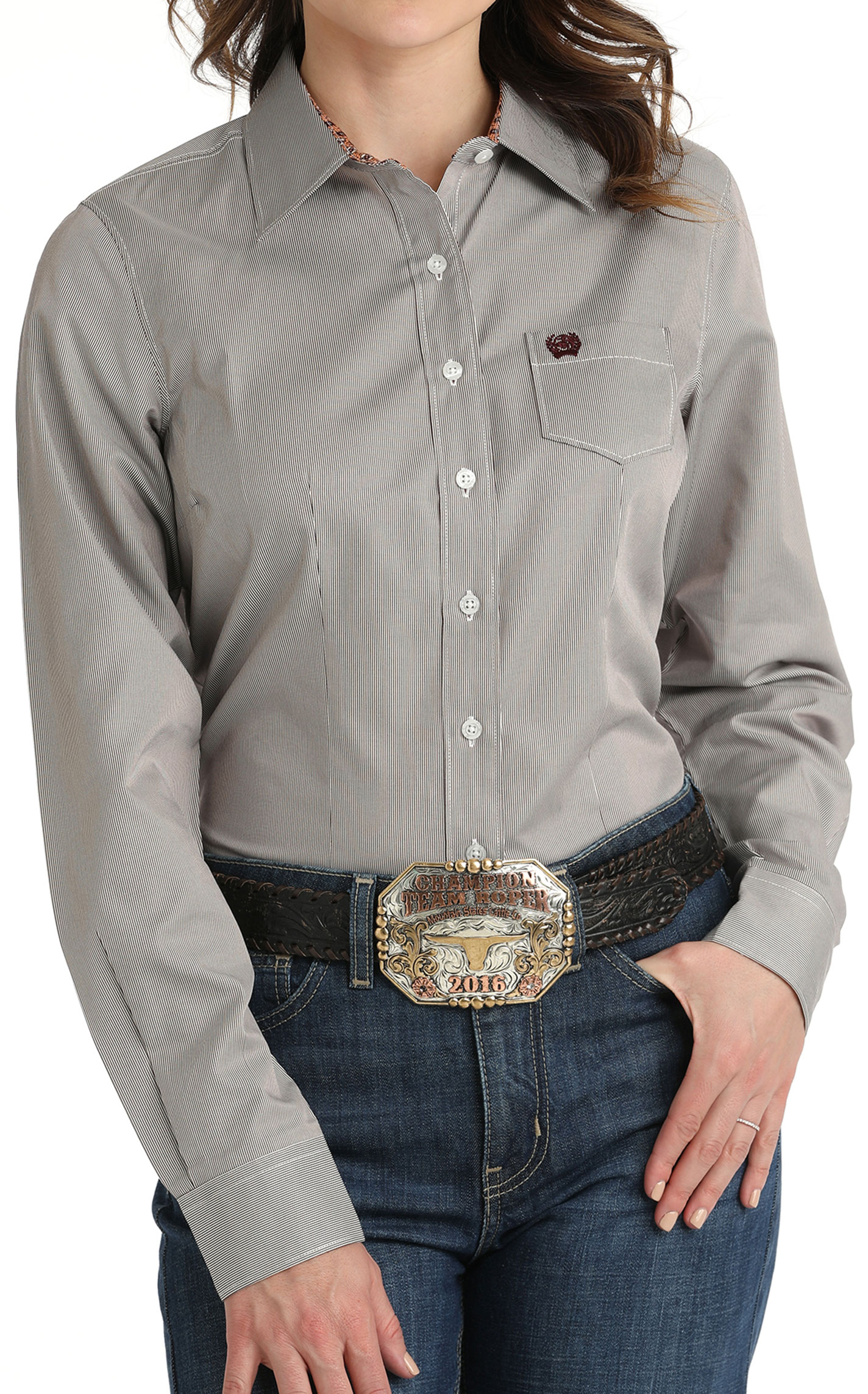 Cinch Women's Wine & White Stripe Print Western Shirt - Image 1