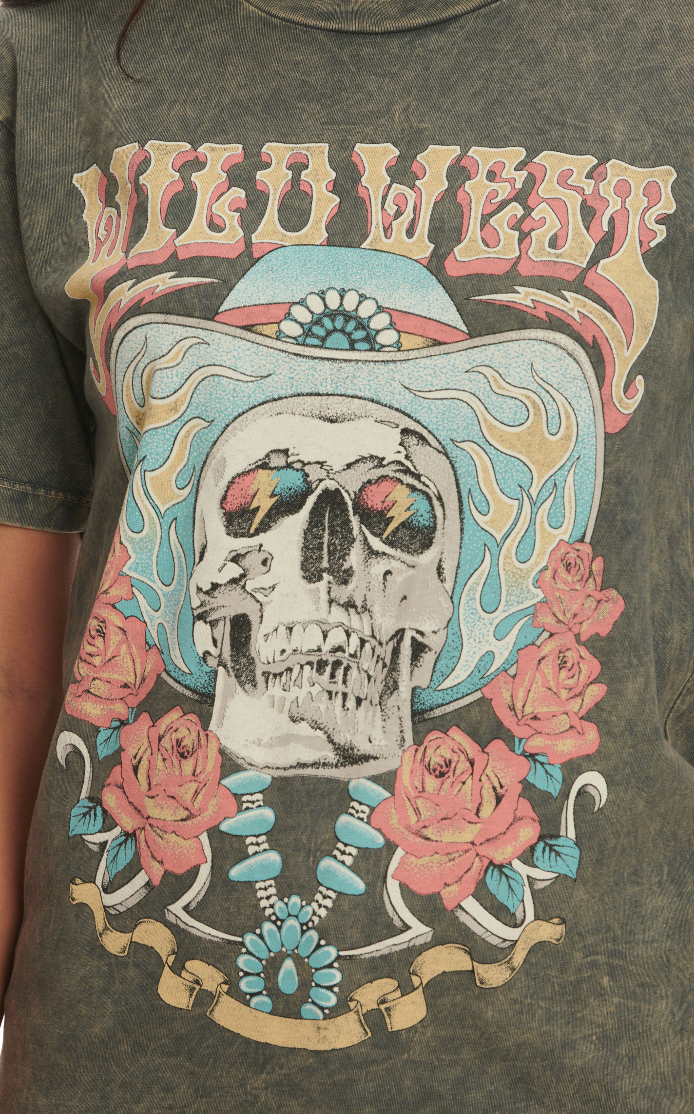Lotus Fashion Women's Mossy Stone Colorful Wild West Logo Graphic Short Sleeve T-Shirt - Image 3