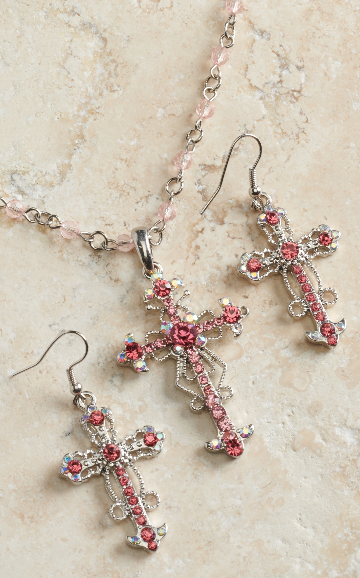 Blazin Roxx Women's Pink Crystal Cross Necklace & Earrings Set - Image 1