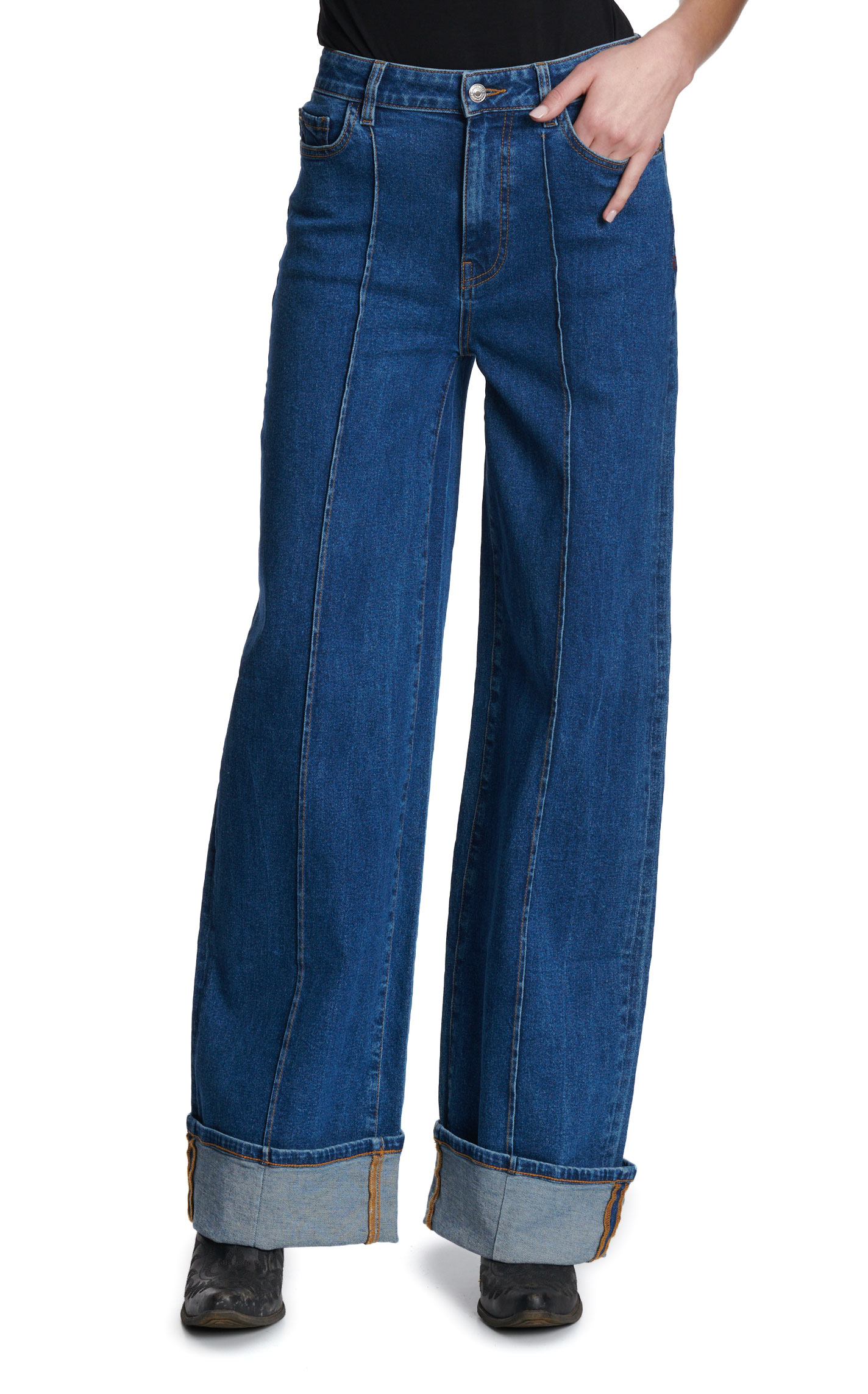 Warp + Weft Women's Dark Wash Wide Leg Seam Cuff Jeans - Image 1