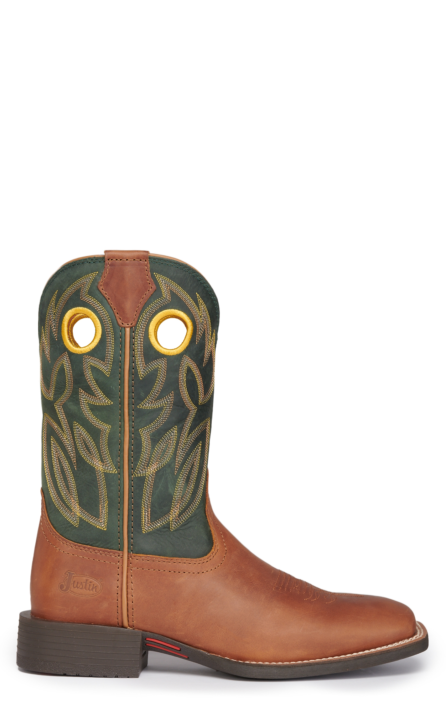 Justin Men's Bowline Tan and Green Wide Square Toe Cowboy Boots - Image 1