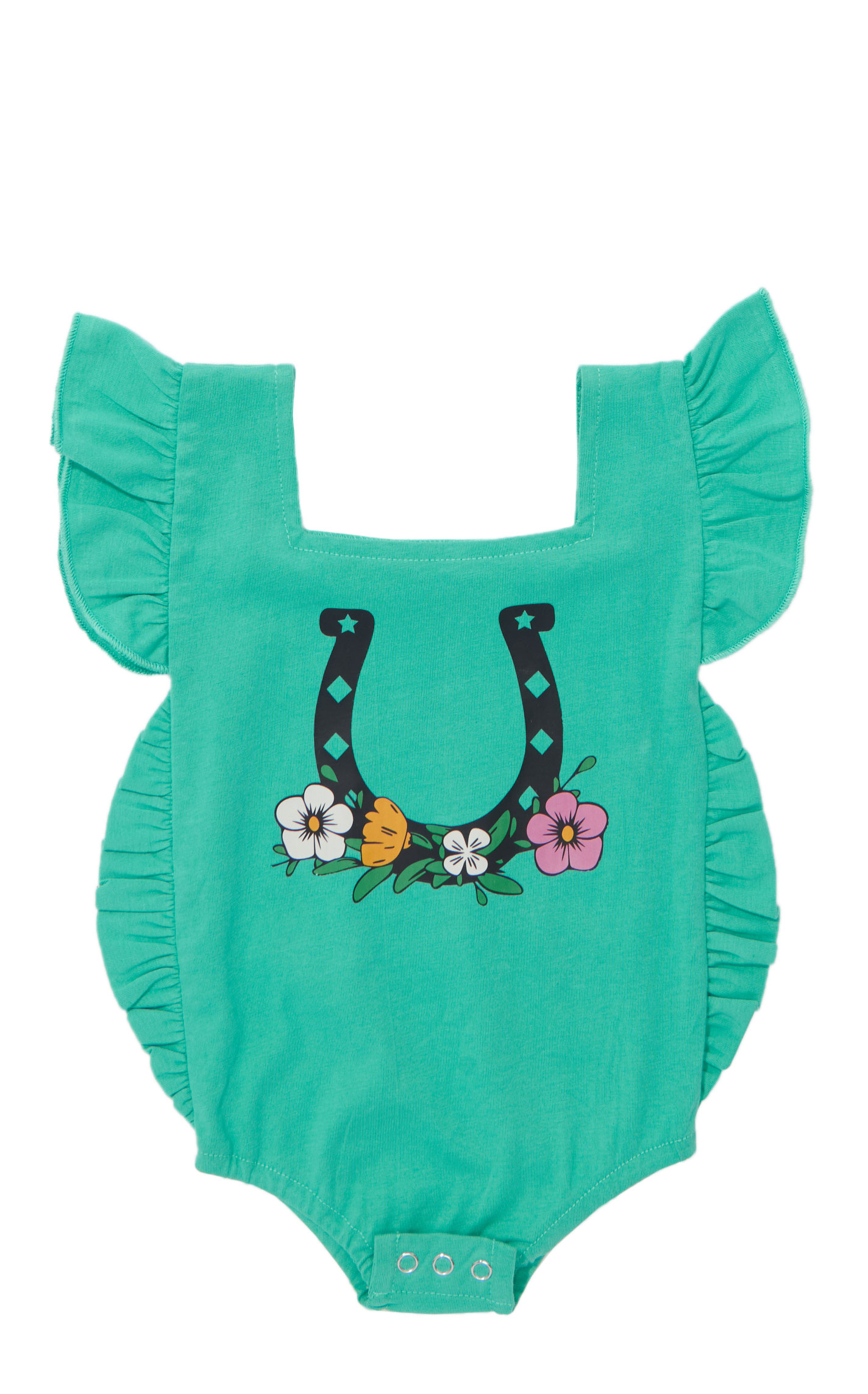 Rockin' C Infant Girl's Green Ruffle Horseshoe Graphic Romper - Image 1