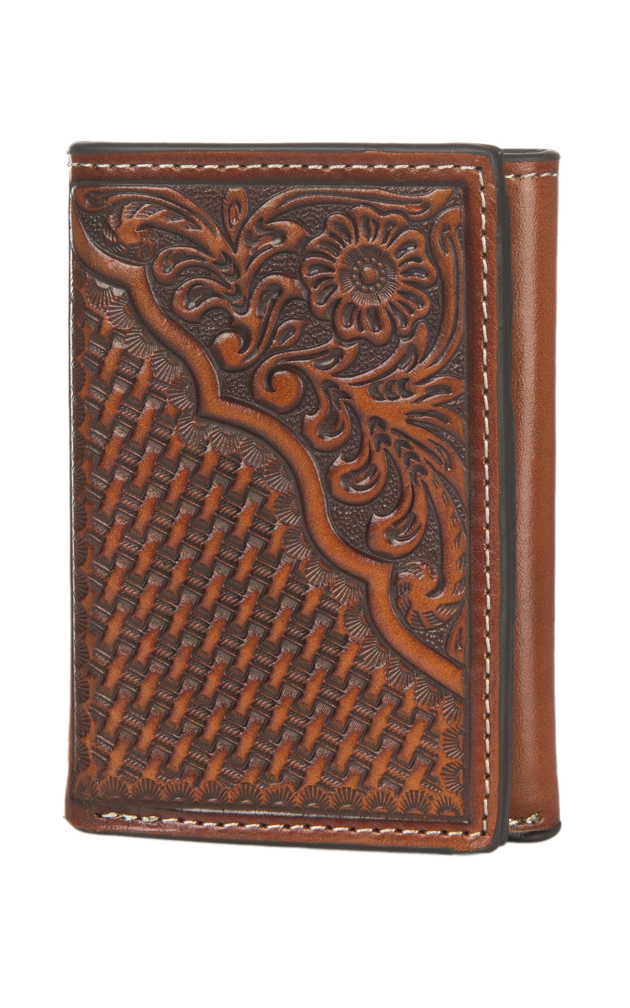 Nocona Tan Floral and Basket Weave Tooled Tri-fold Wallet - Image 1