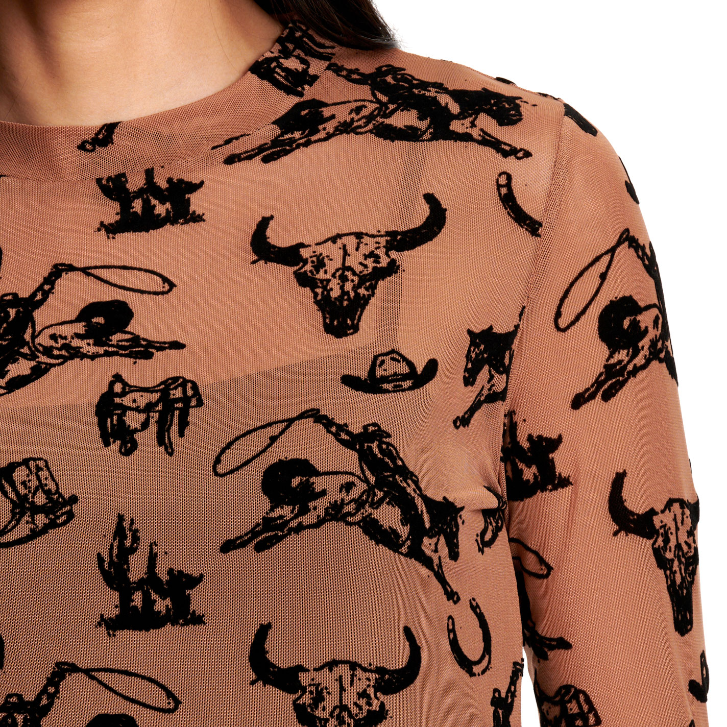 Merigold Kiss Women’s Brown Ropin’ Cowboy Print Mesh Shirt - Image 2