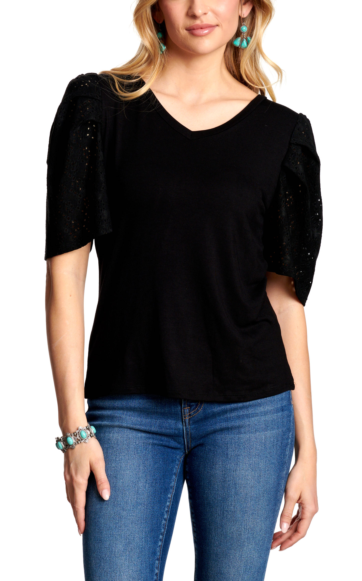 R. Rouge Women's Black Eyelet Sleeve Top - Image 1