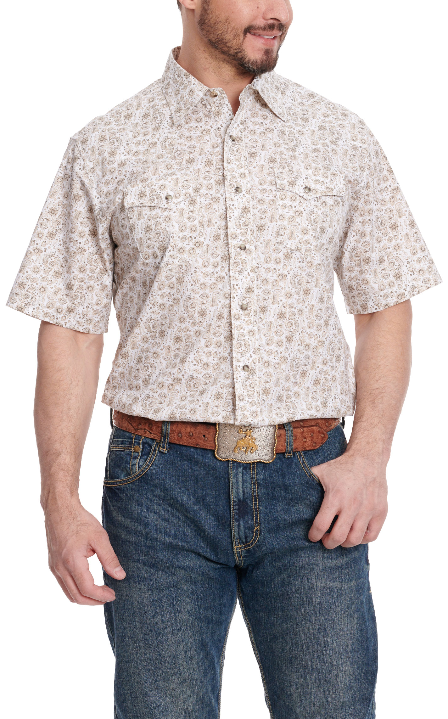 Wrangler Retro Men's Cream Khaki & Taupe Geo Print Short Sleeve Western Shirt - Image 1