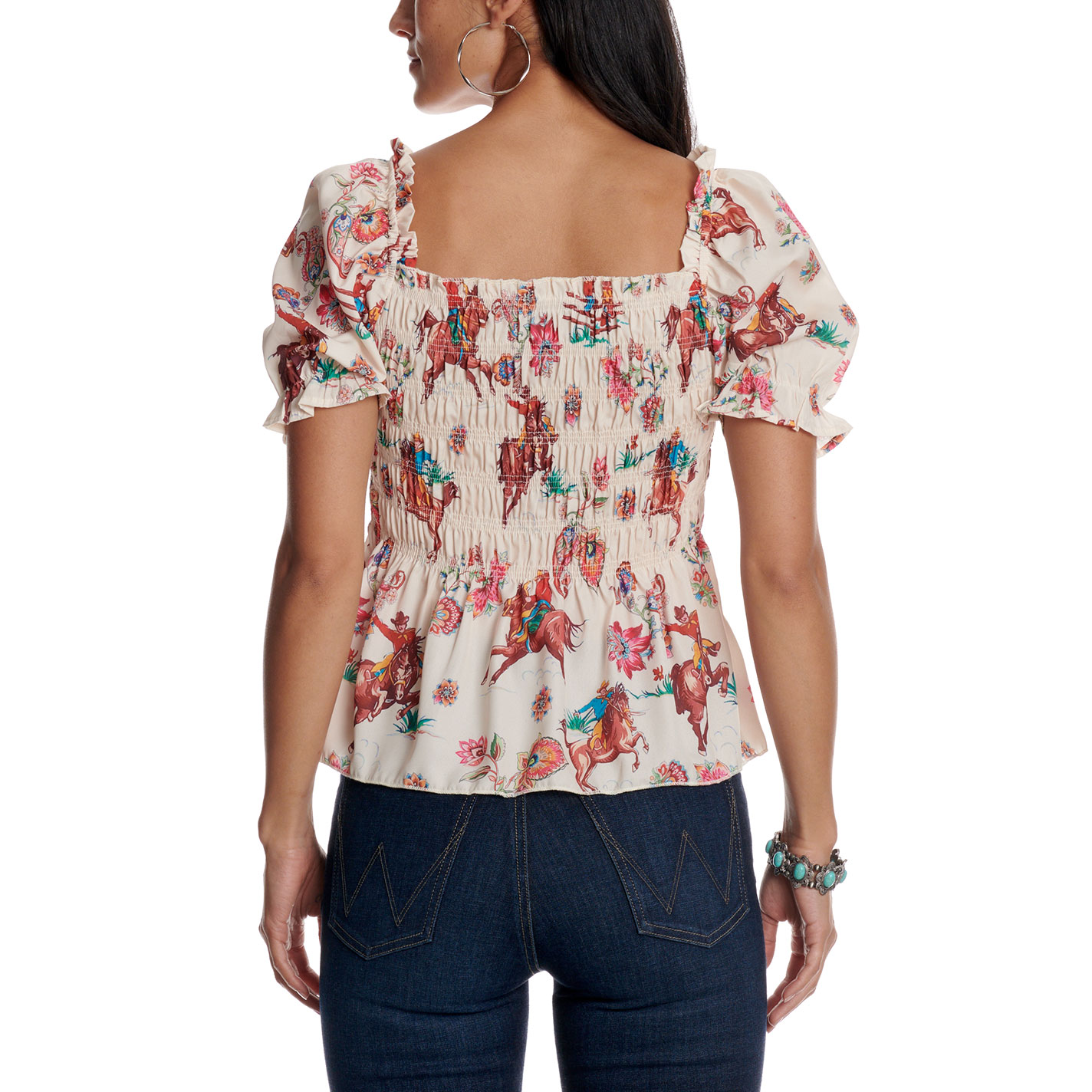 Fashion Express Women's Beige Cowboy Print Smocked Top - Image 1