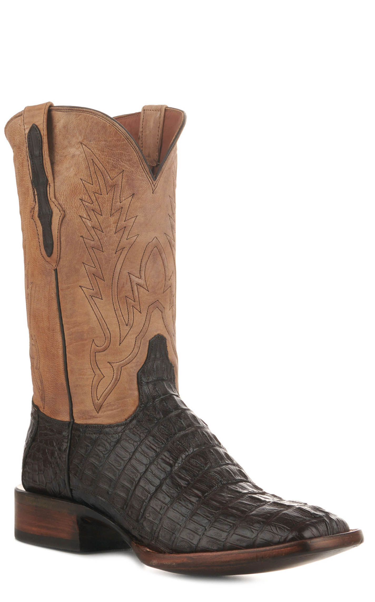 Black Jack Men's Tan Maddog and Chocolate Caiman Tail Square Toe Exotic Cowboy Boots - Image 1