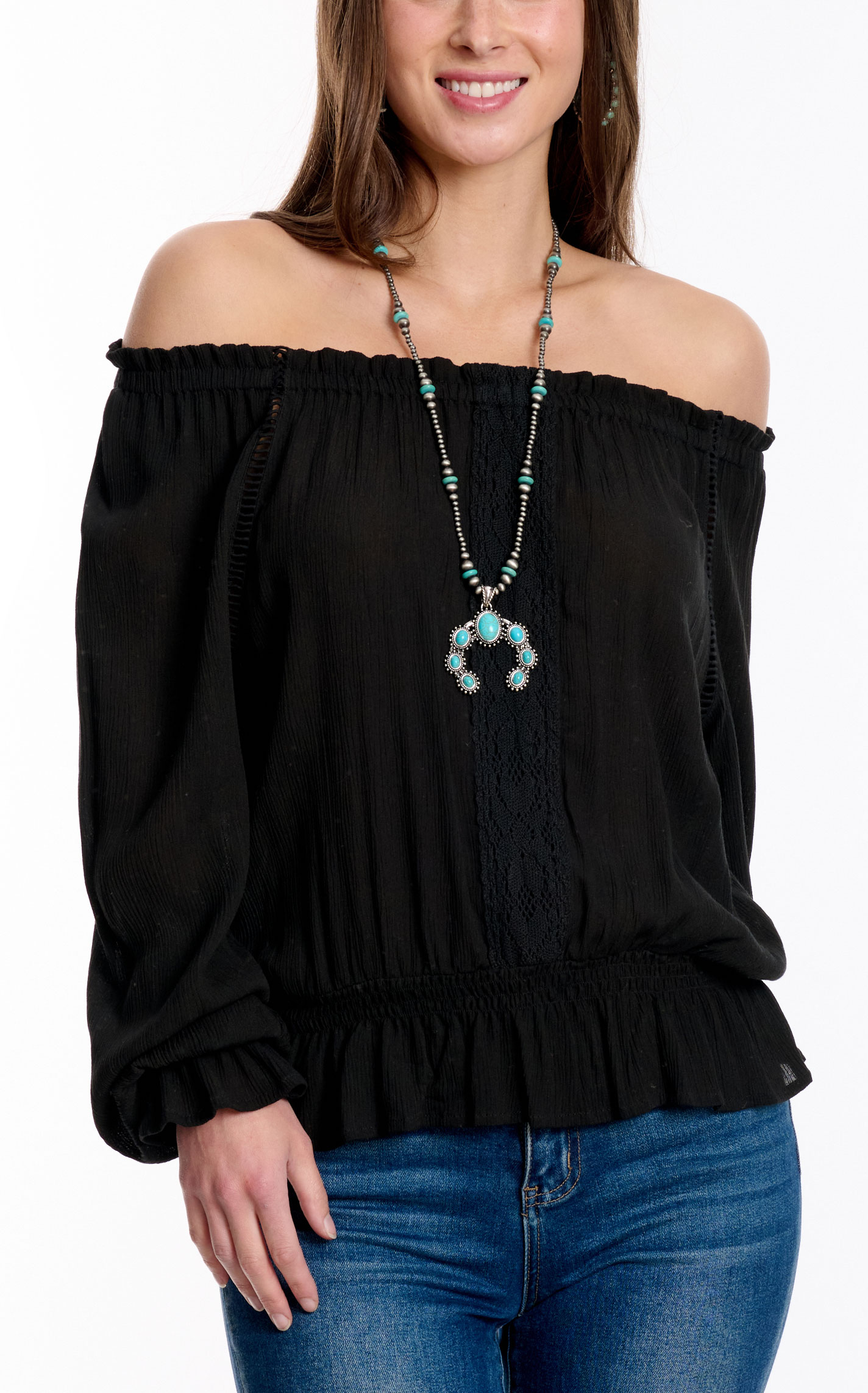 Rockin' C Women's Black Lace Front Ruffle Cuff Top - Image 1