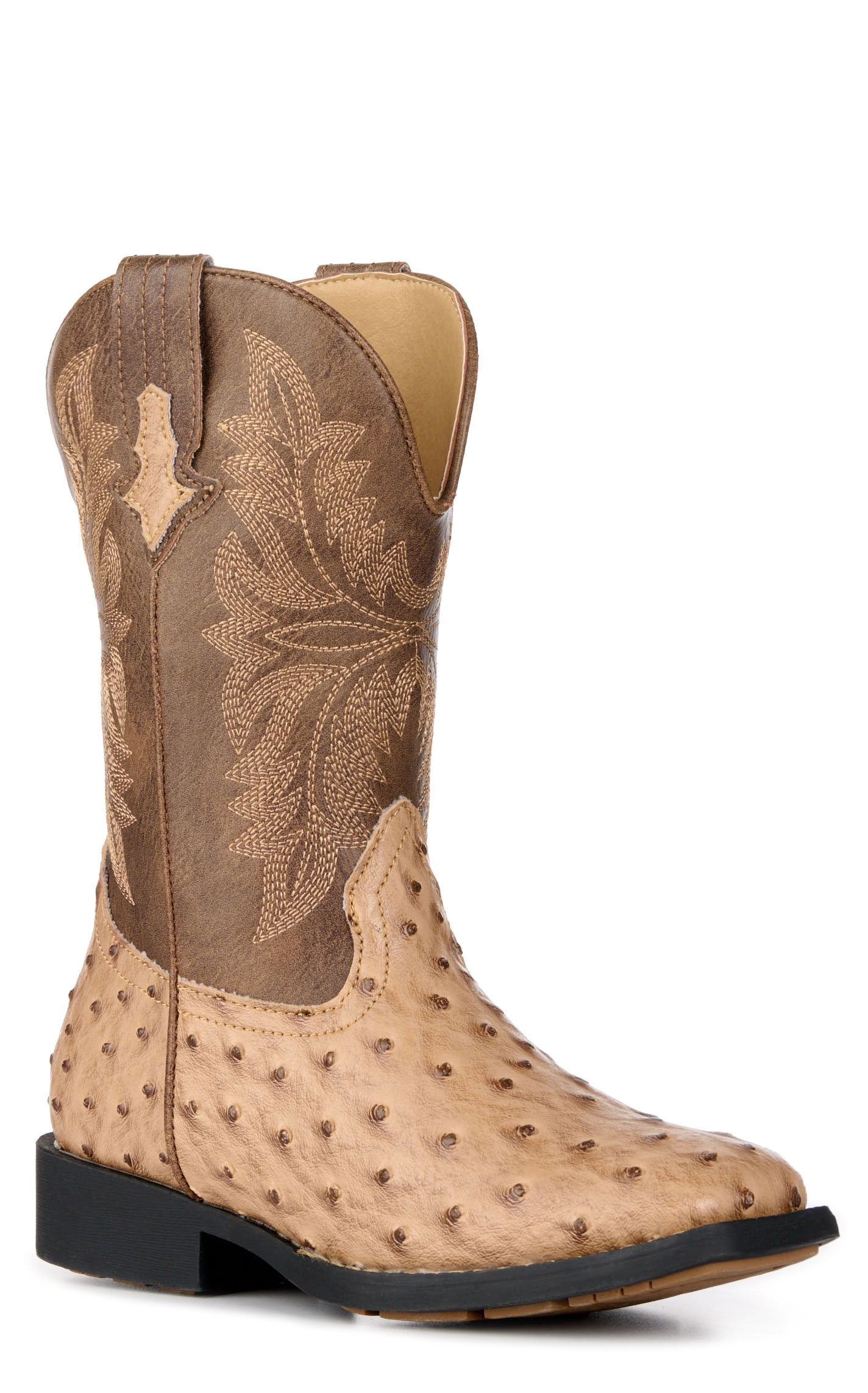 Roper Youth Jed Brown and Tan Ostrich Print Faux Leather Square Toe Boots - Image 1