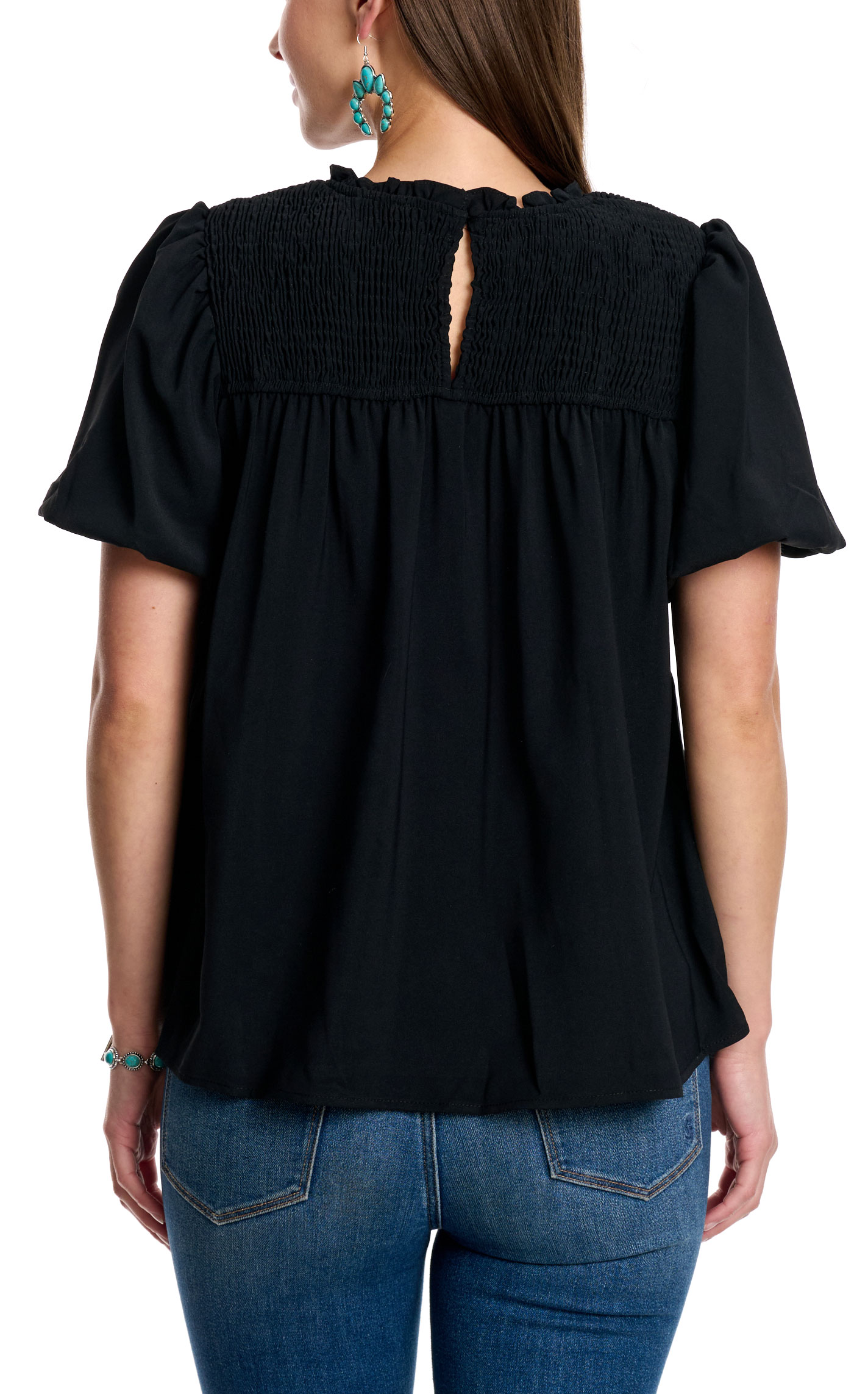 TCEC Women's Solid Black Smocked Top - Image 1