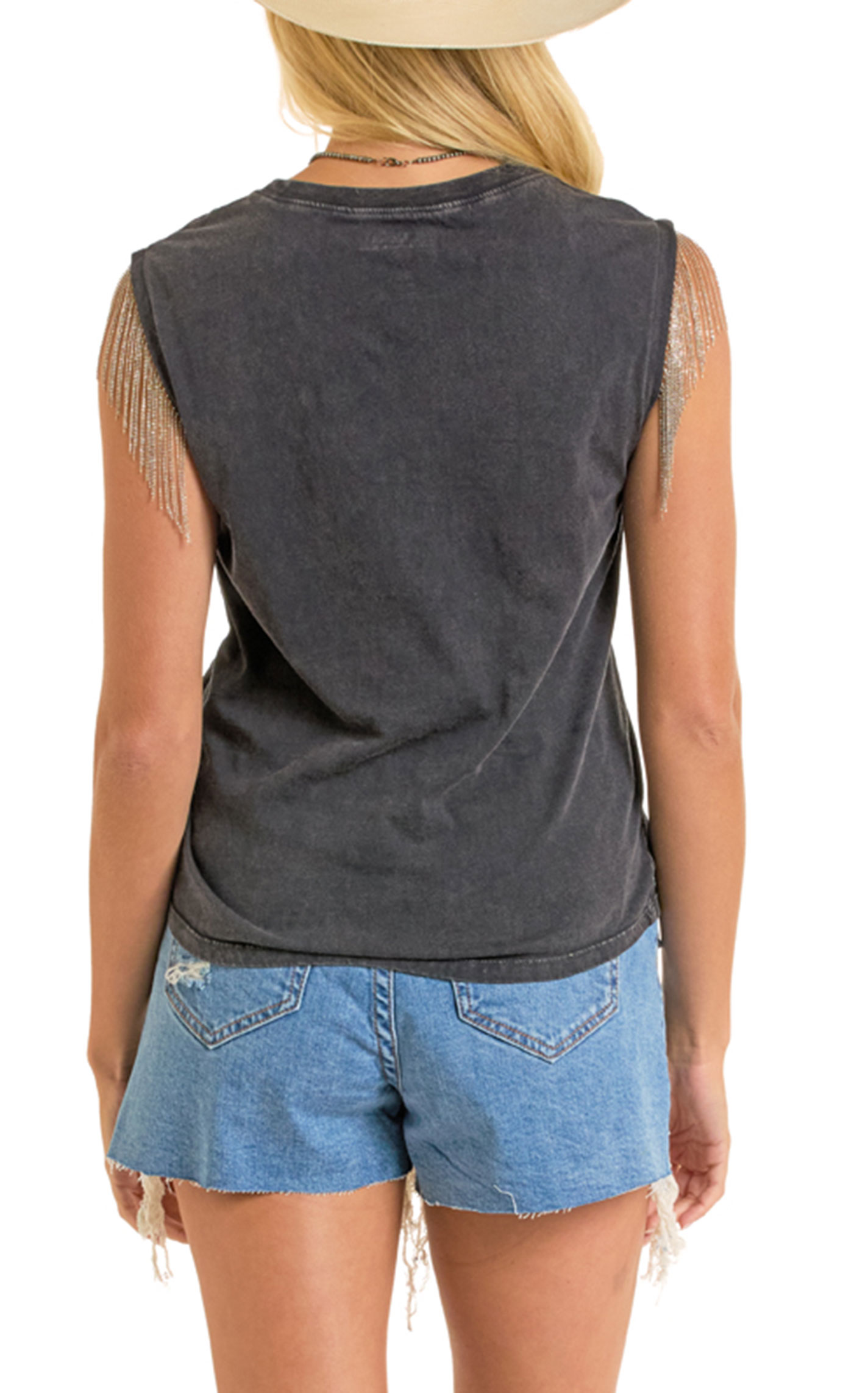 Rock & Roll Denim Women's Gray Howdy Graphic Fringe Tank Top  - Image 3
