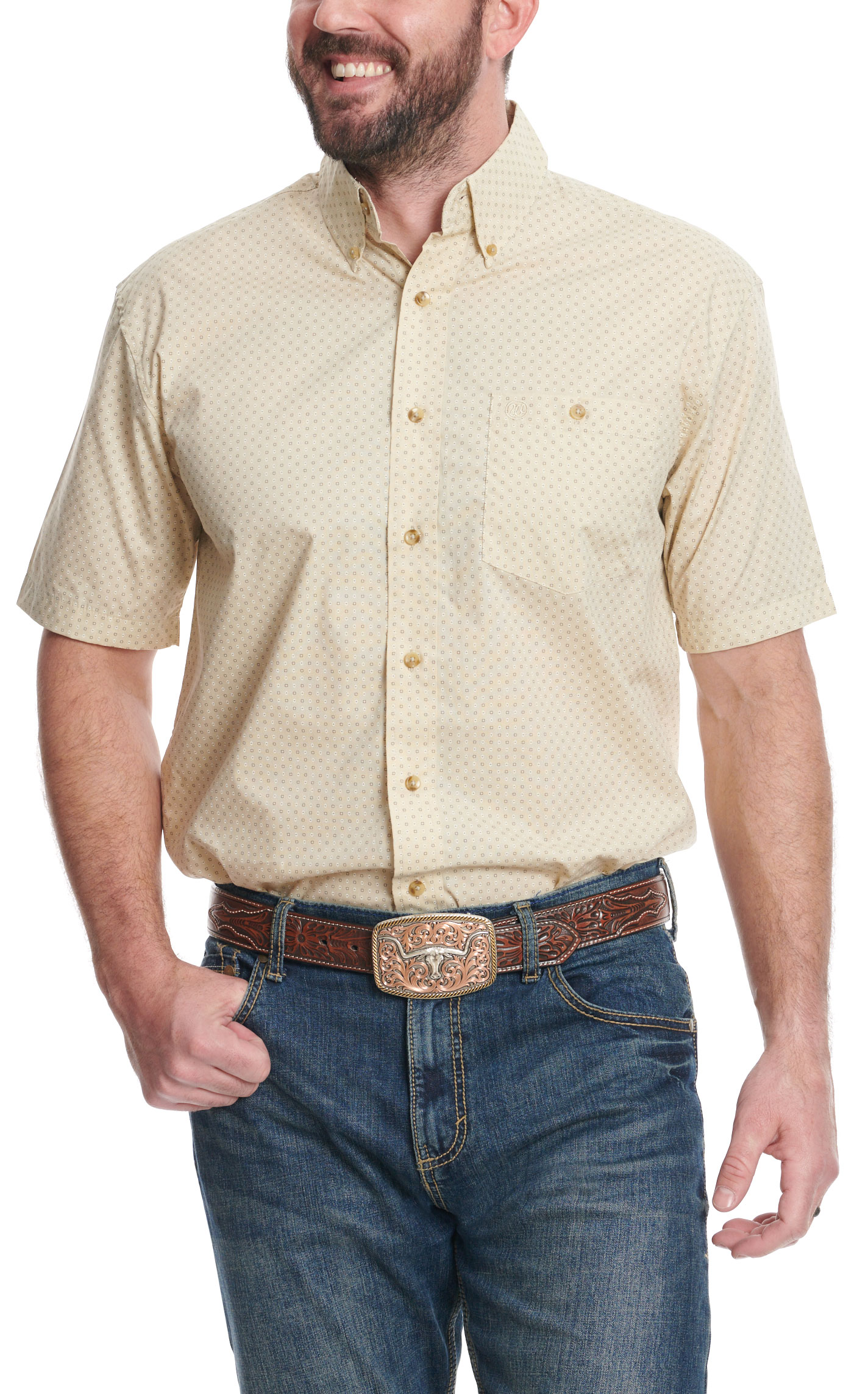 Wrangler Men's Khaki & Chocolate Geo Print Relaxed Fit Western Shirt - Big & Tall Sizes - Image 1