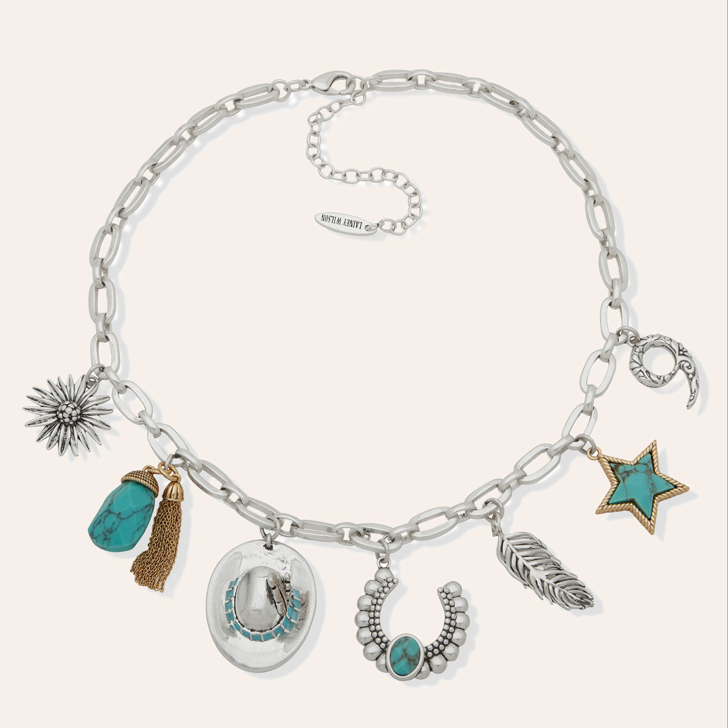 Lainey Wilson Silver & Turquoise Figaro Chain Charm Necklace - Image 1