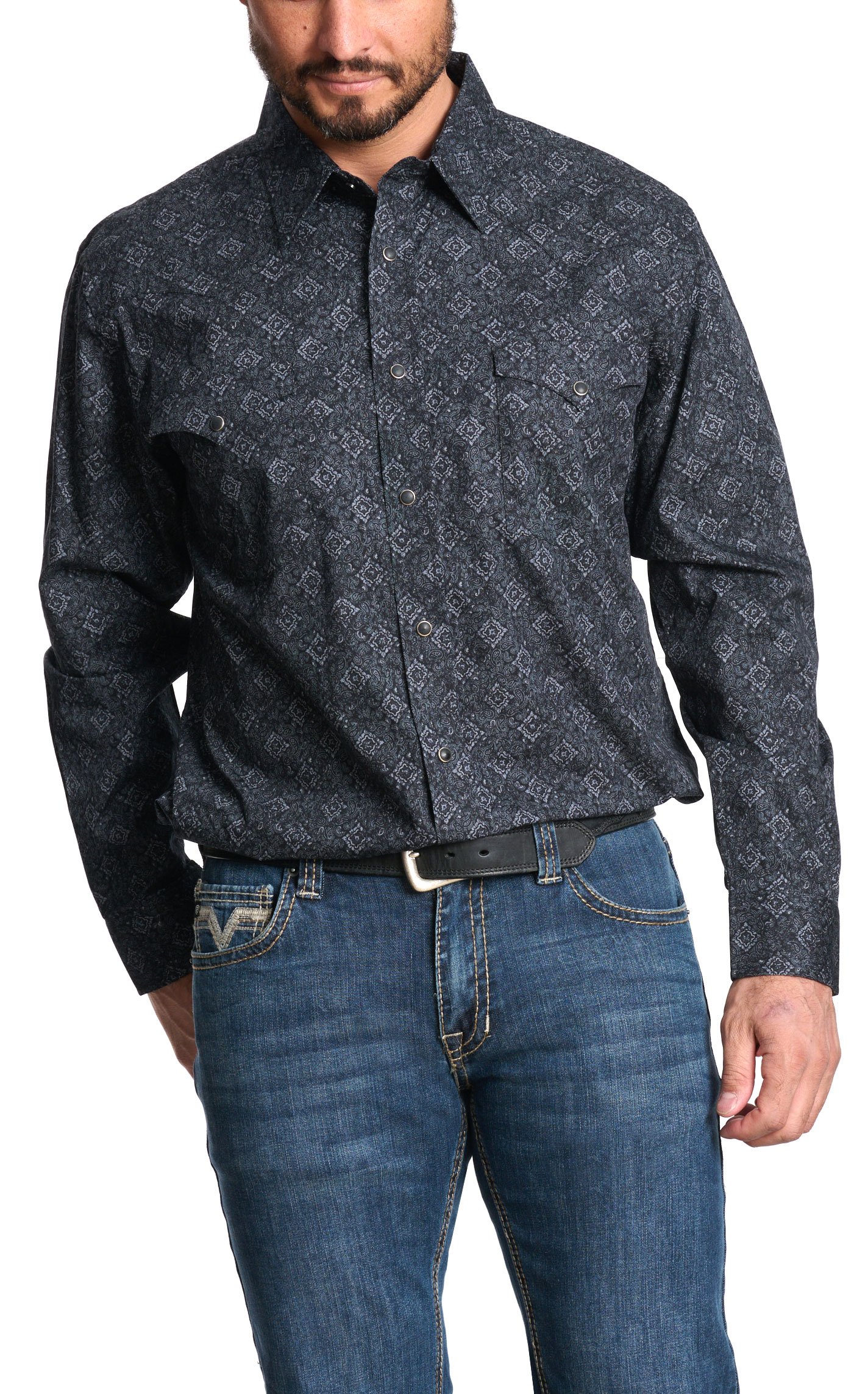 Panhandle Men's Black & Gray Diamond Paisley Western Shirt - Image 1