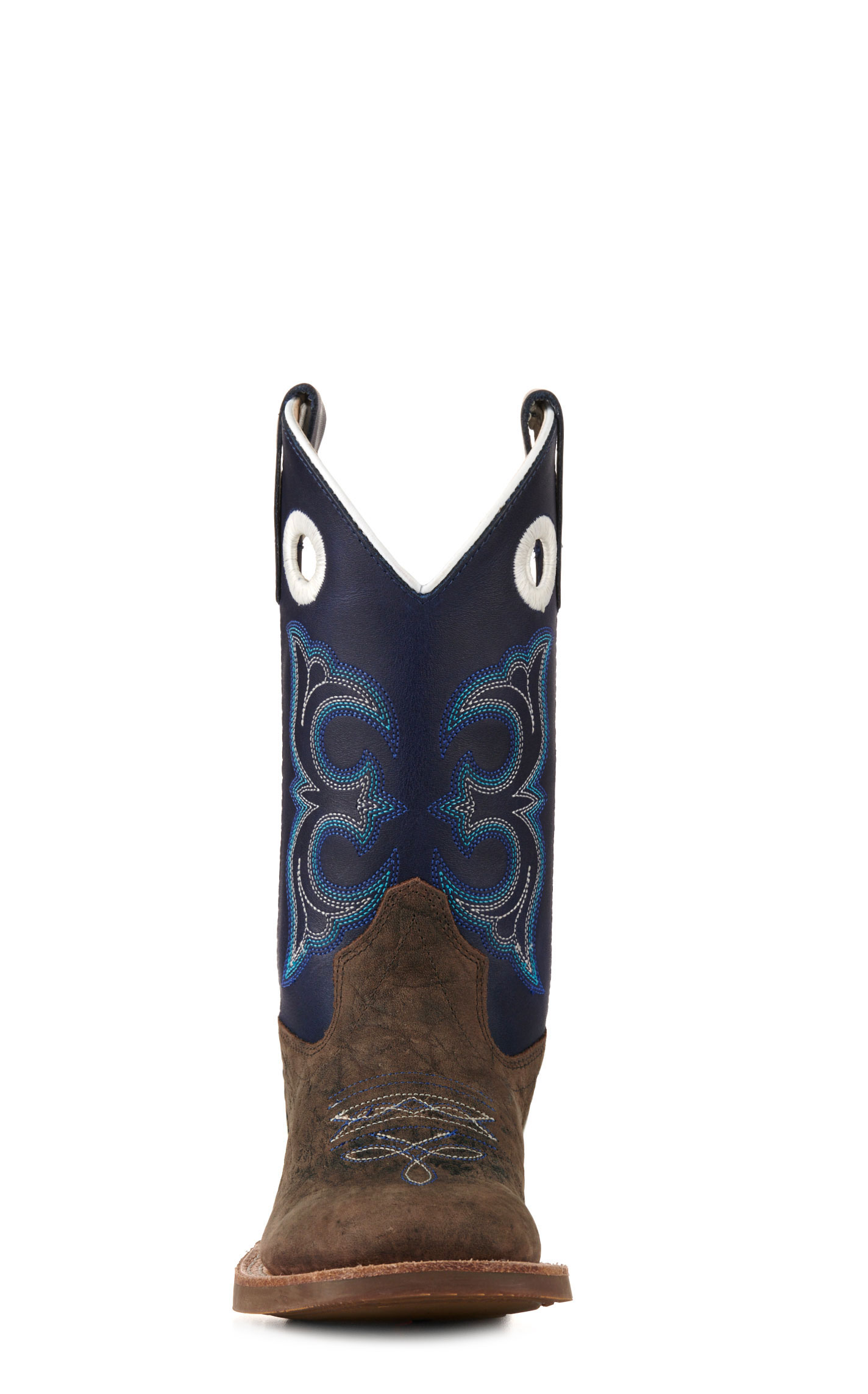 Old West Kids Dark Brown and Blue Wide Square Toe Cowboy Boots - Image 1