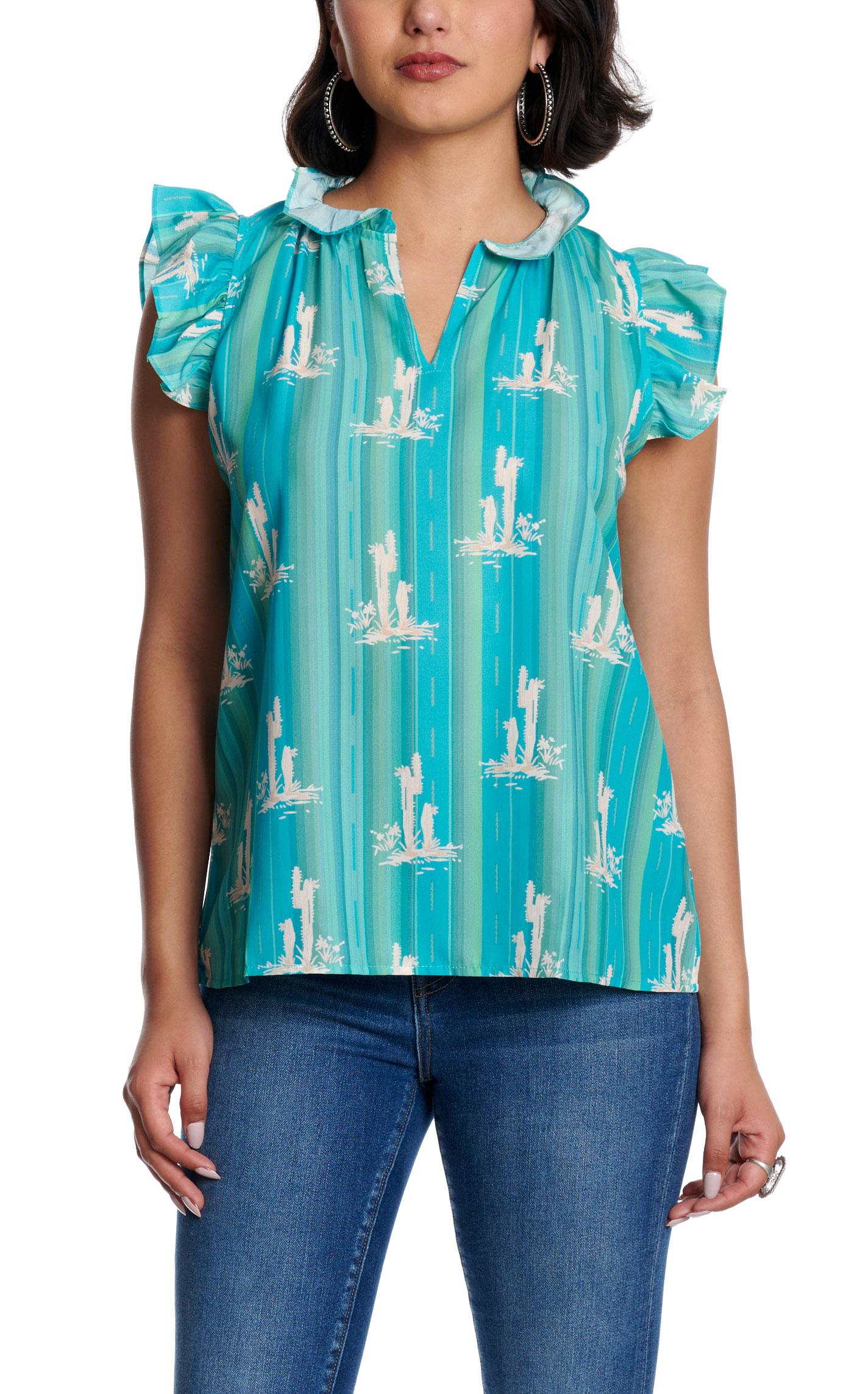 Fashion Express Women's Turquoise Cactus Print Top - Image 1