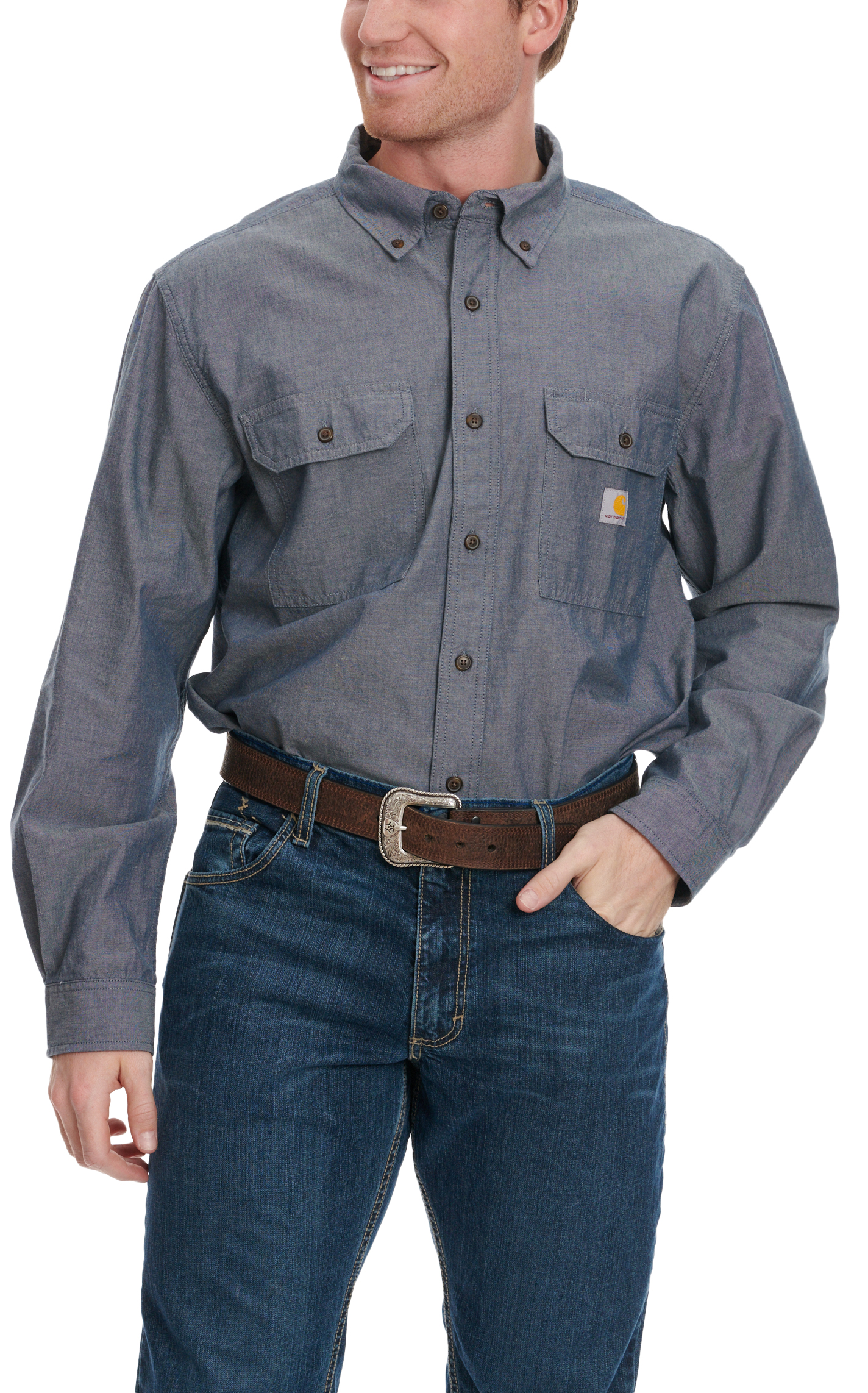 Carhartt Men's Denim Blue Mid-weight Chambray Loose FitLong Sleeve Work Shirt - Image 2