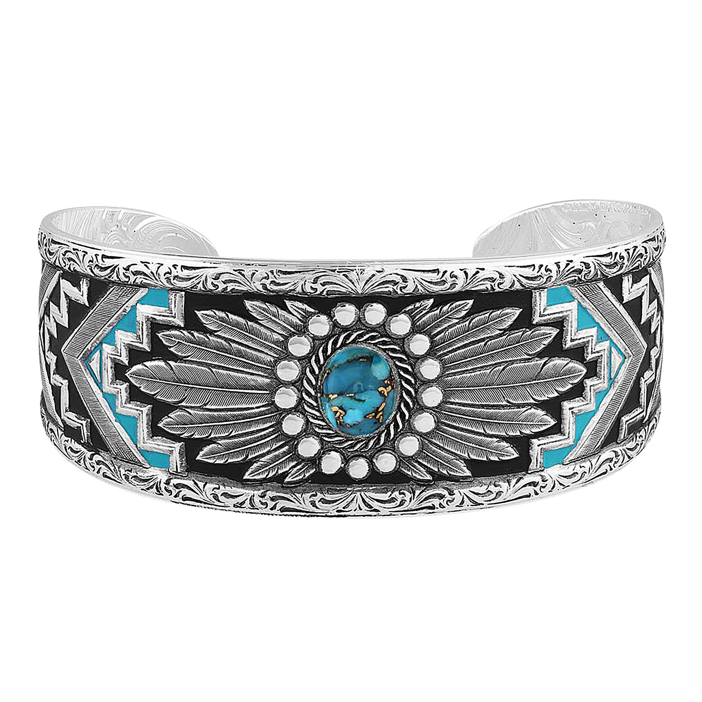 Montana Silversmiths Silver and BlueSpring Turquoise Concho and Aztec Adjustable Cuff Bracelet - Image 1