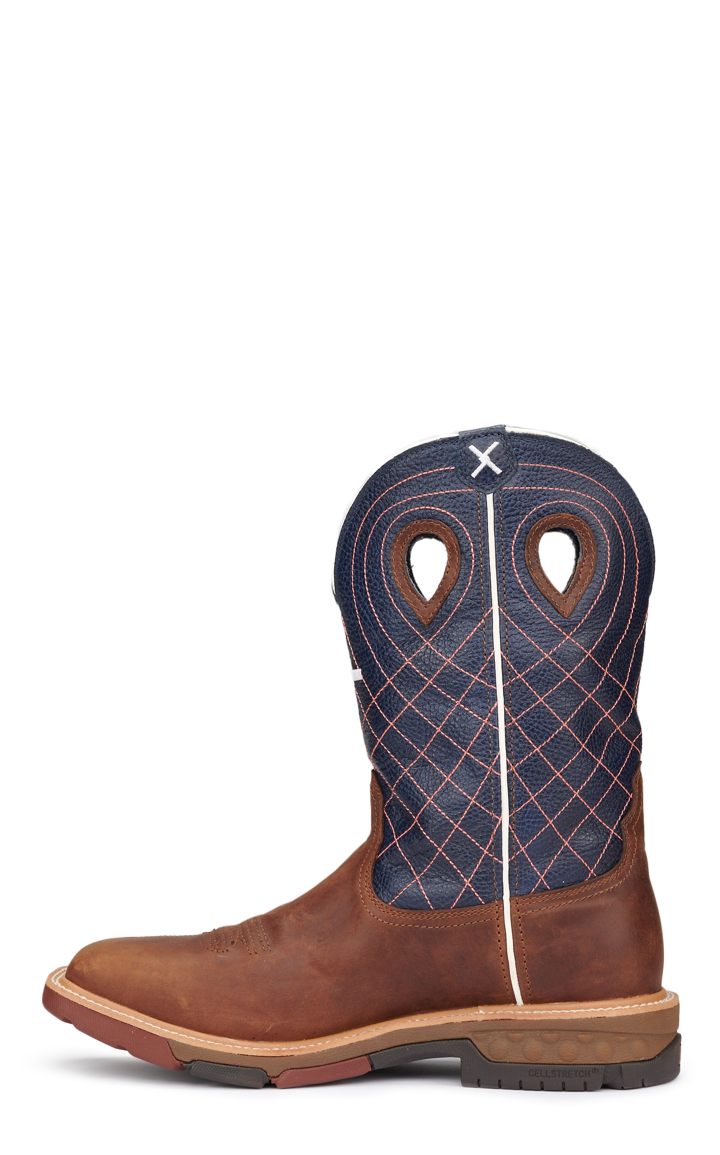 Twisted X Men's Brown and Navy with Cross Embroidery CellStretch Square Toe Work Boot - Image 1