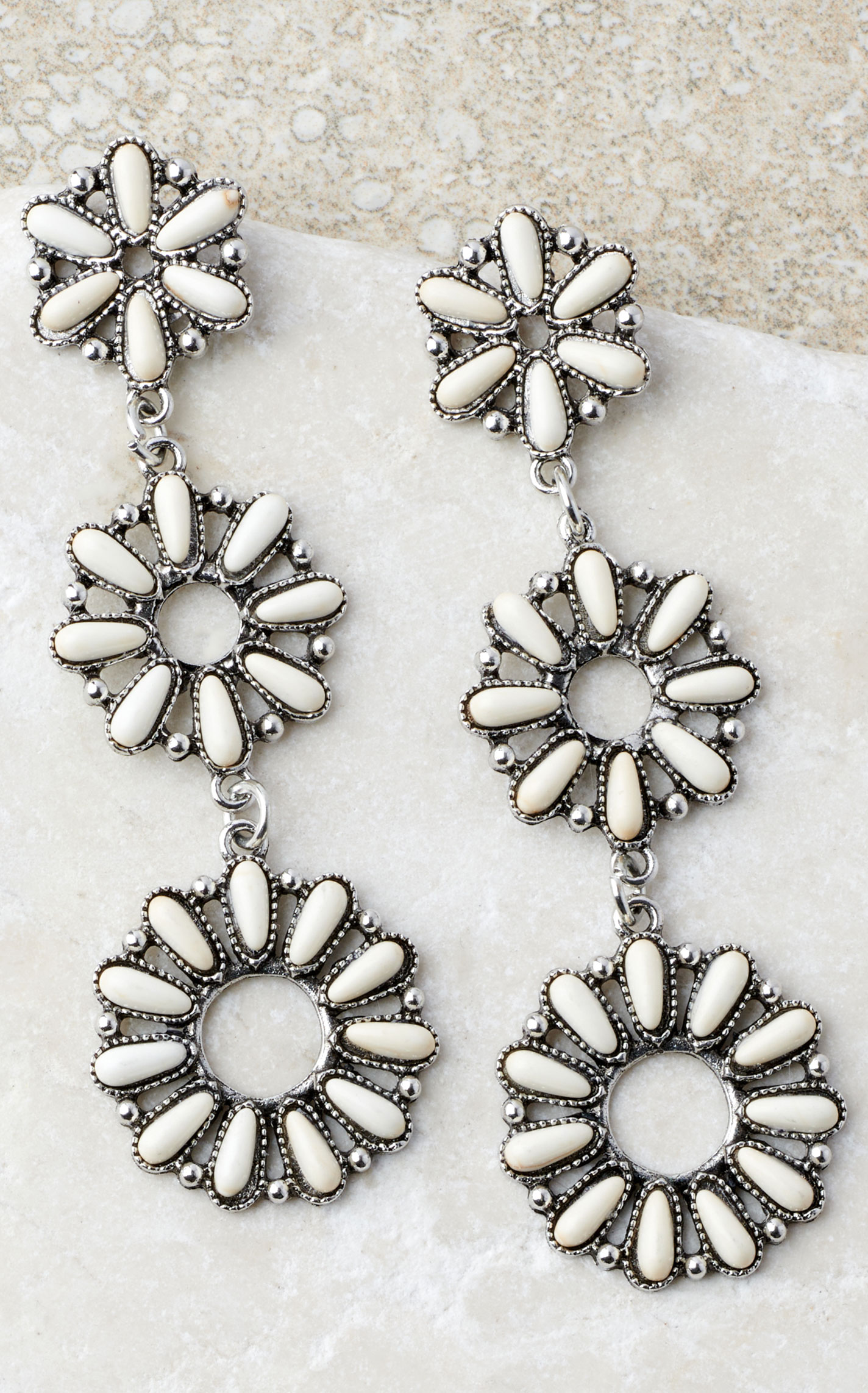 Rockin C Silver & White Stone 3 Flower Dangle Earrings - Image 1
