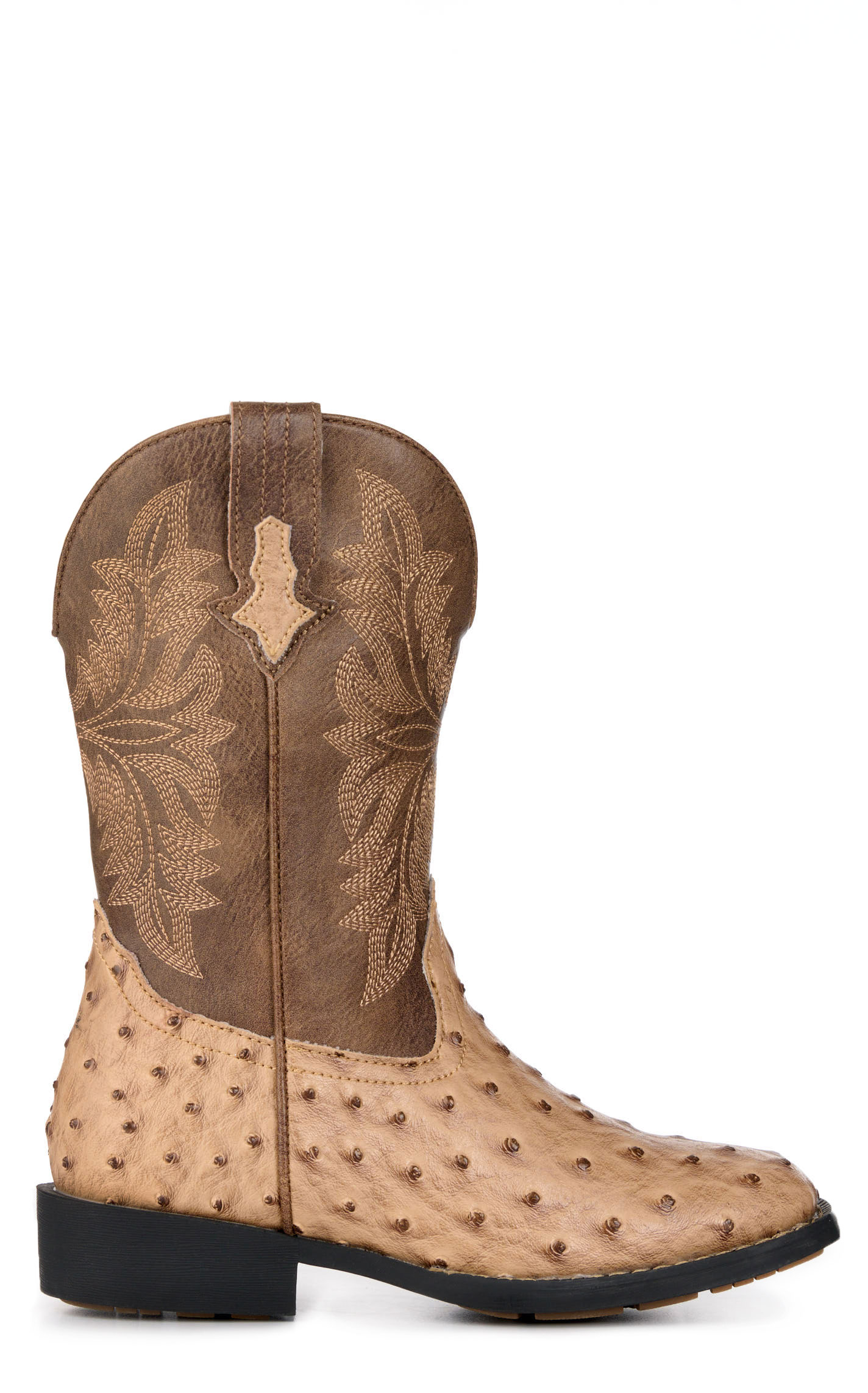 Roper Youth Jed Brown and Tan Ostrich Print Faux Leather Square Toe Boots - Image 1