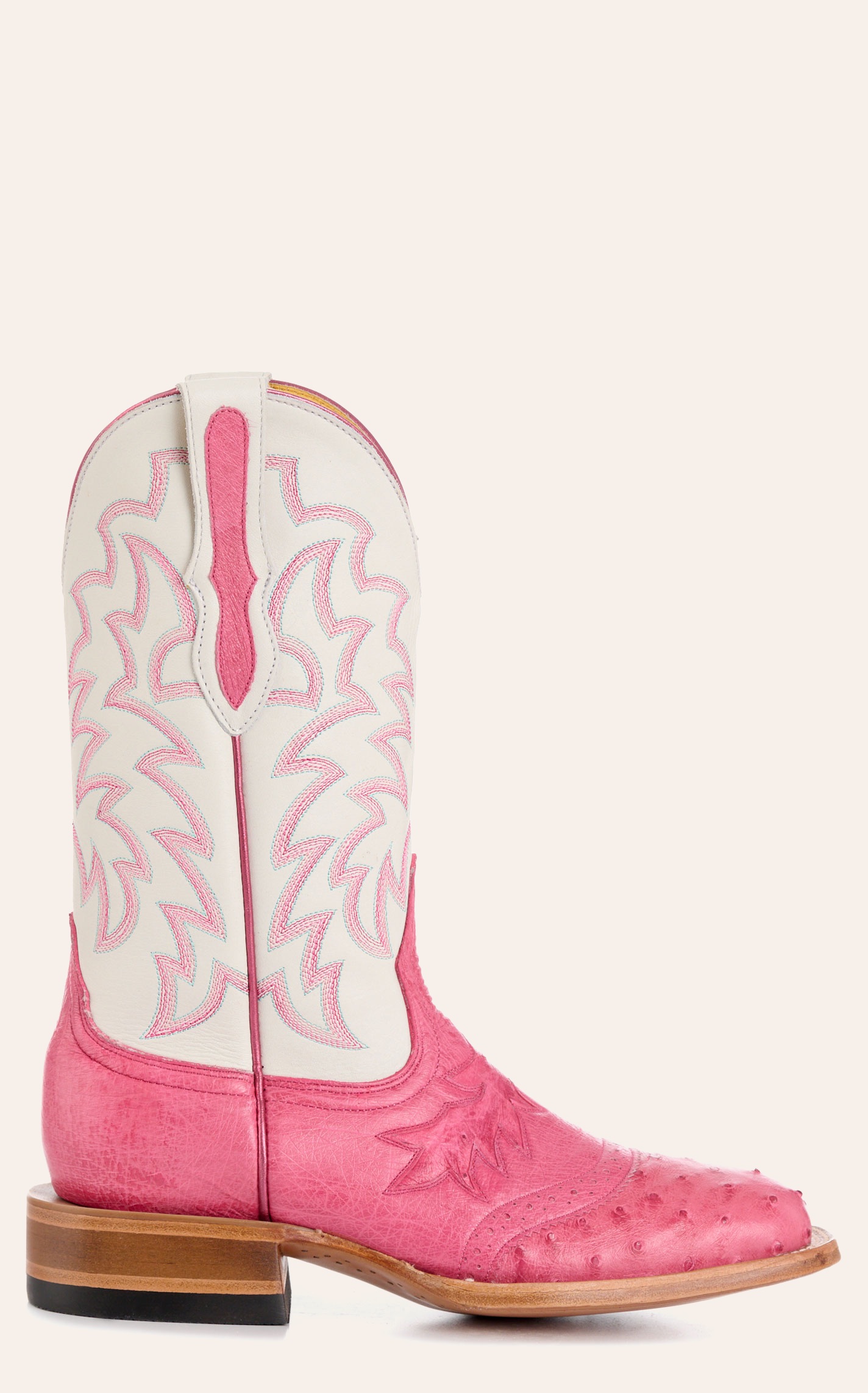 Cavender's Women's Pink Ostrich & White Wide Square Toe Cowboy Boots - Image 1