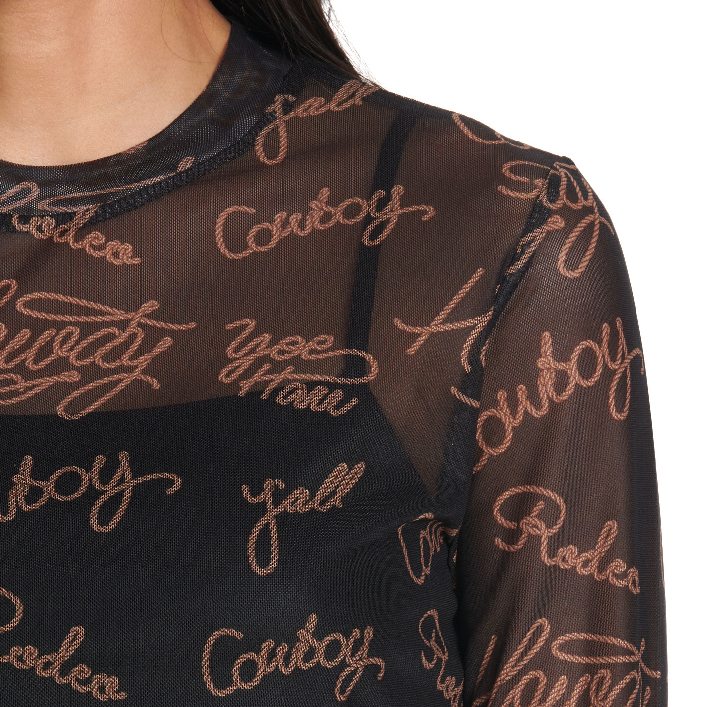 Turquoise Haven Women's Black Lasso Print Mesh Top - Image 1