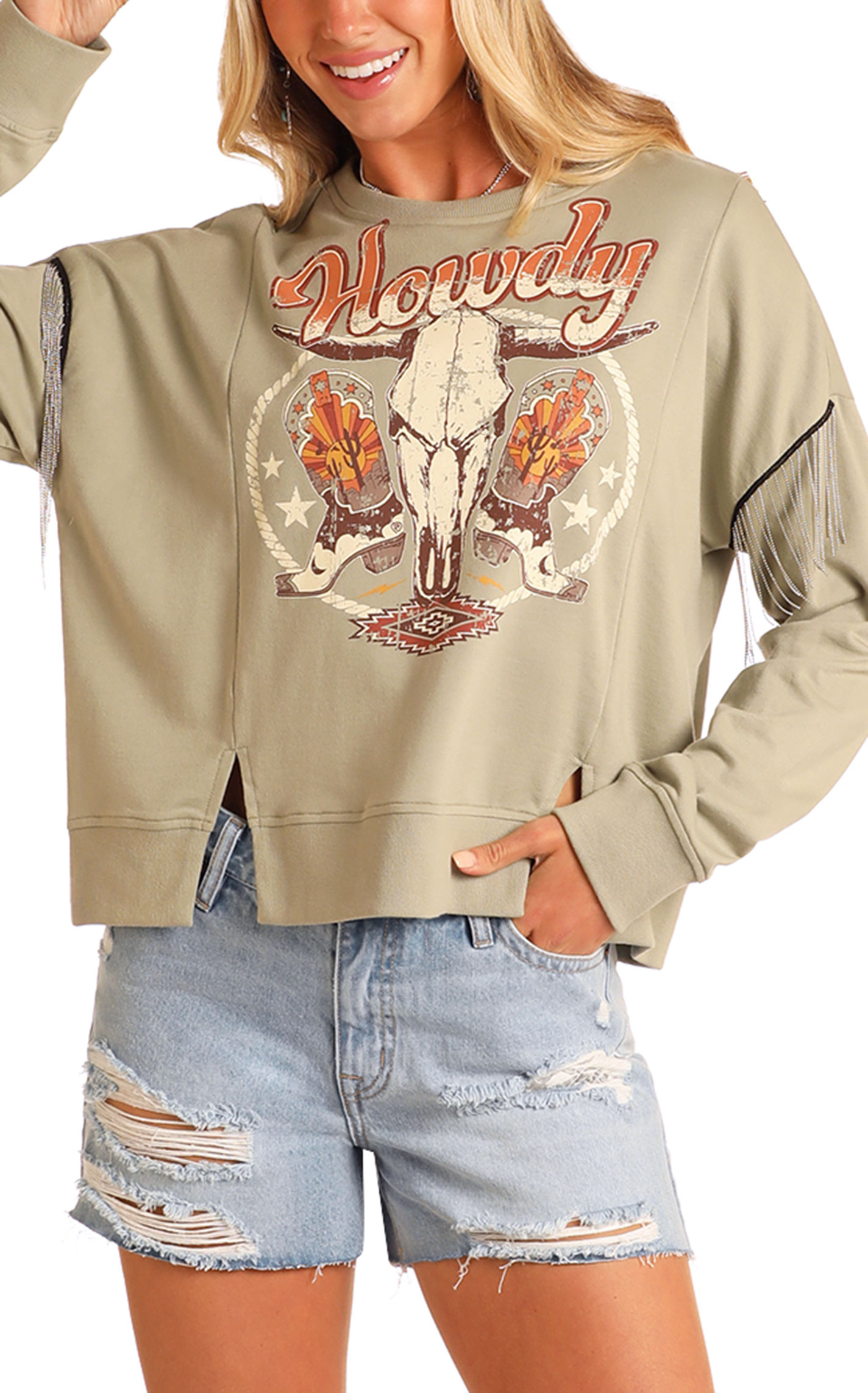 Rock & Roll Denim Women's Olive Howdy Graphic Pullover - Image 1
