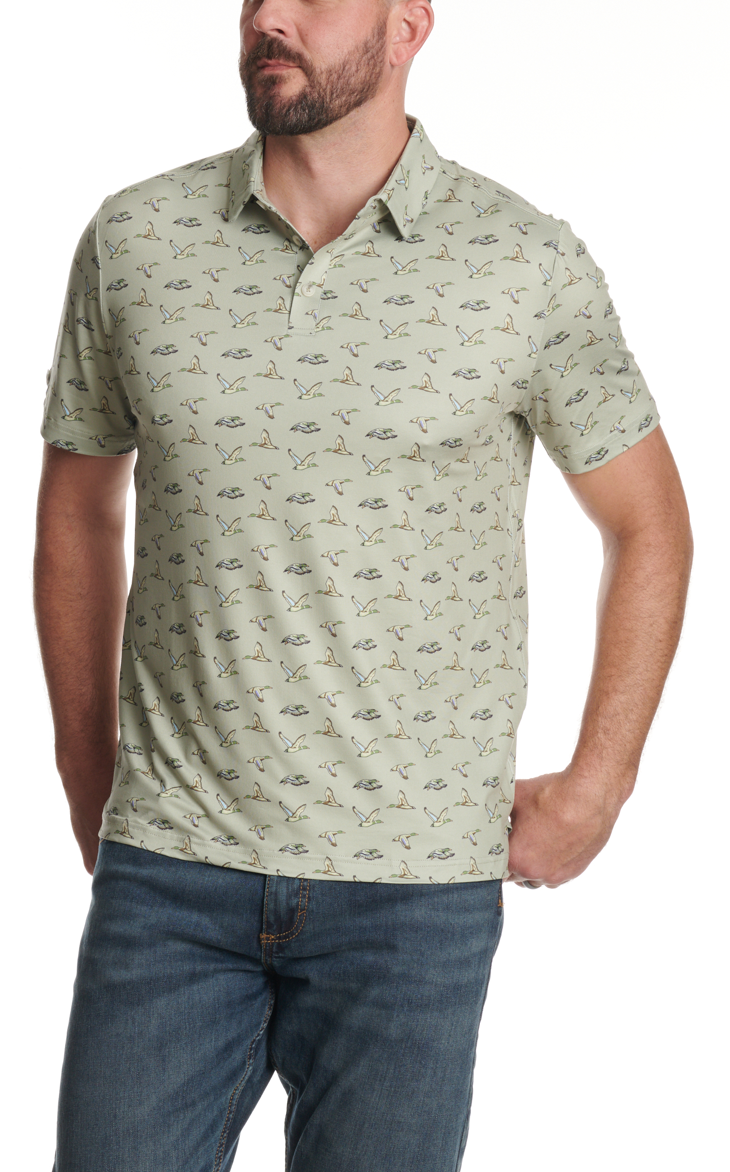Burlebo Men's Performance Green Flying Duck Print Polo Shirt - Image 1