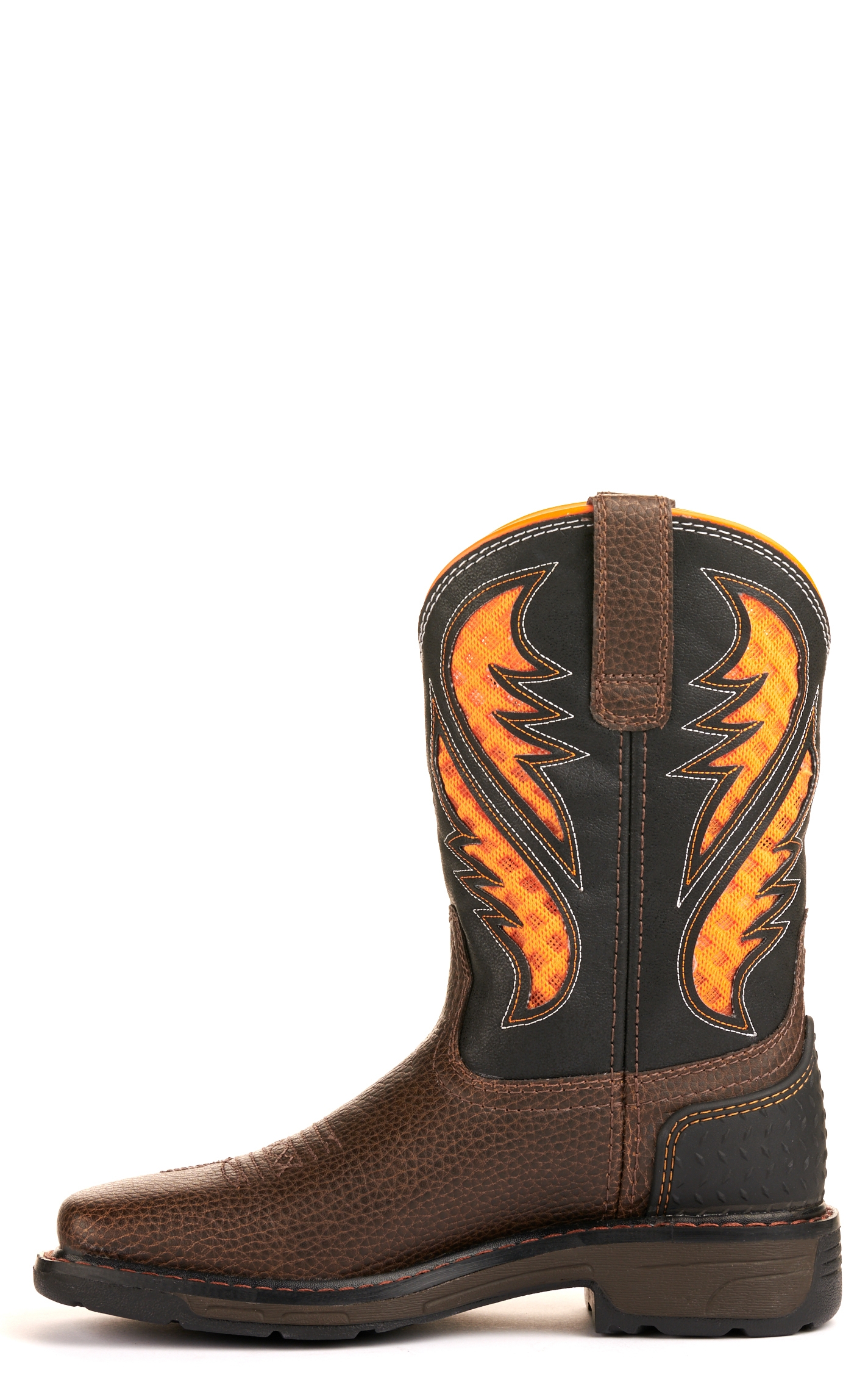 Ariat Youth VentTEK Cocoa Brown and Black with Orange Vents Wide Square Toe Work Boots - Image 1