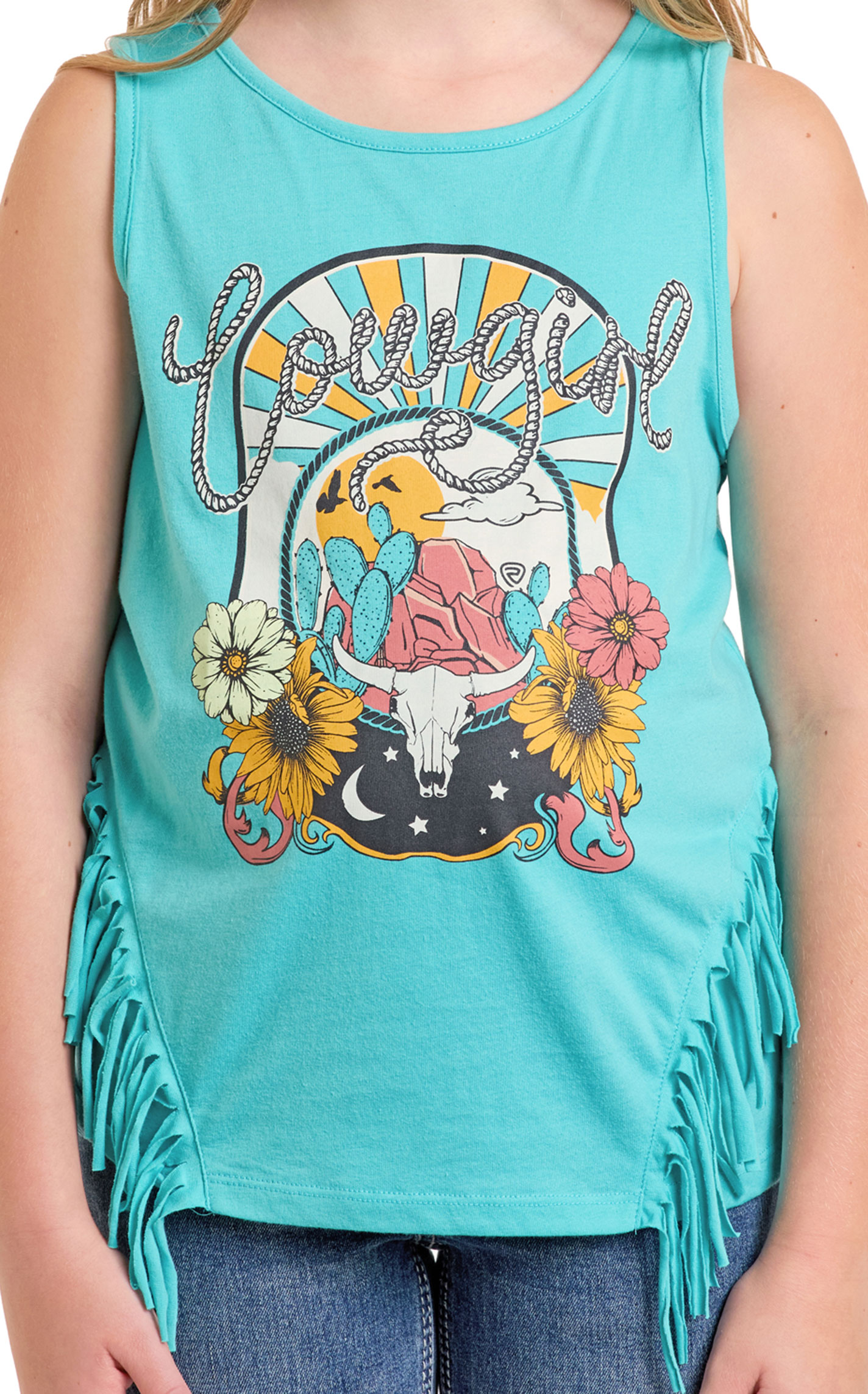 Rock & Roll Denim Girl's Turquoise Cowgirl Graphic Fringed Tank Top - Image 1
