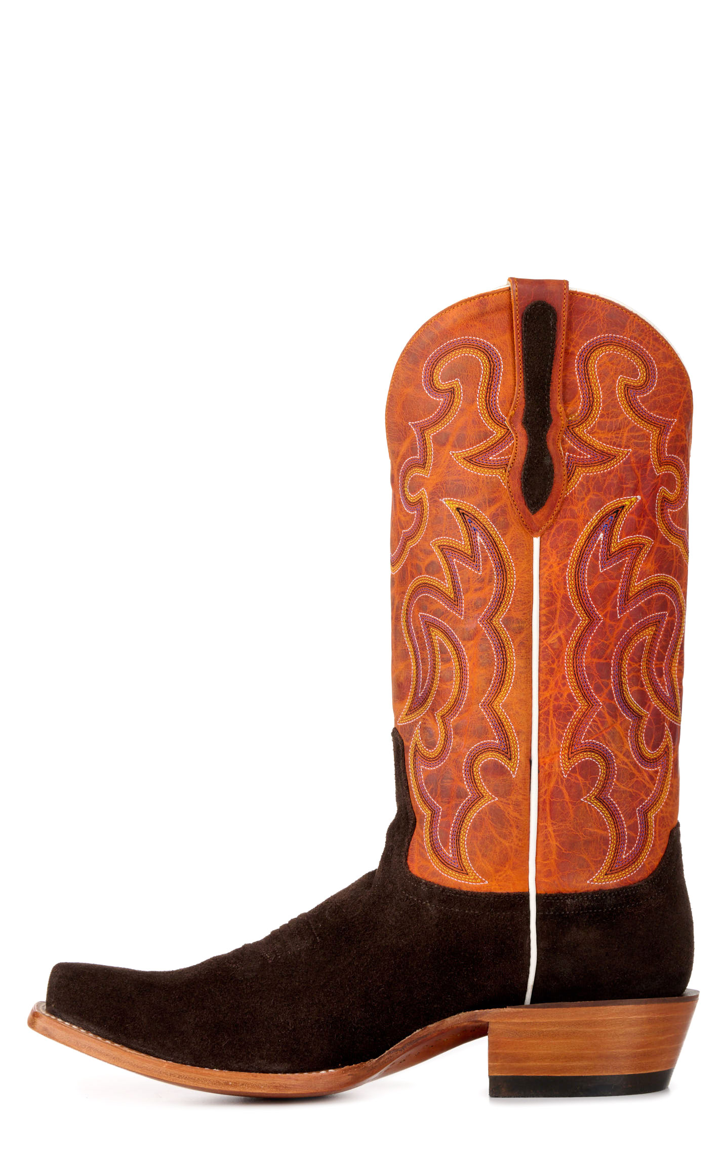 Cavender's Men's Chocolate Roughout and Orange Punchy Square Toe Cowboy Boots - Image 1