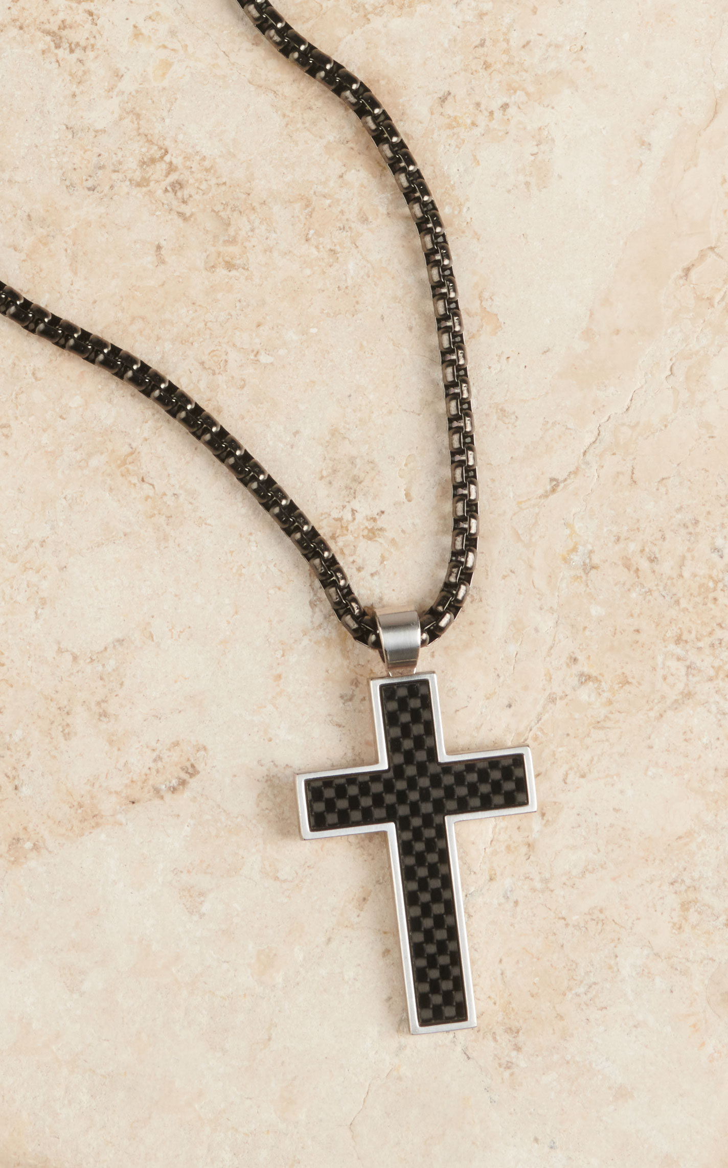 Silver Strike Men's Black Box-Link Chain with Large Gunmetal Cross Pendant Necklace - Image 1