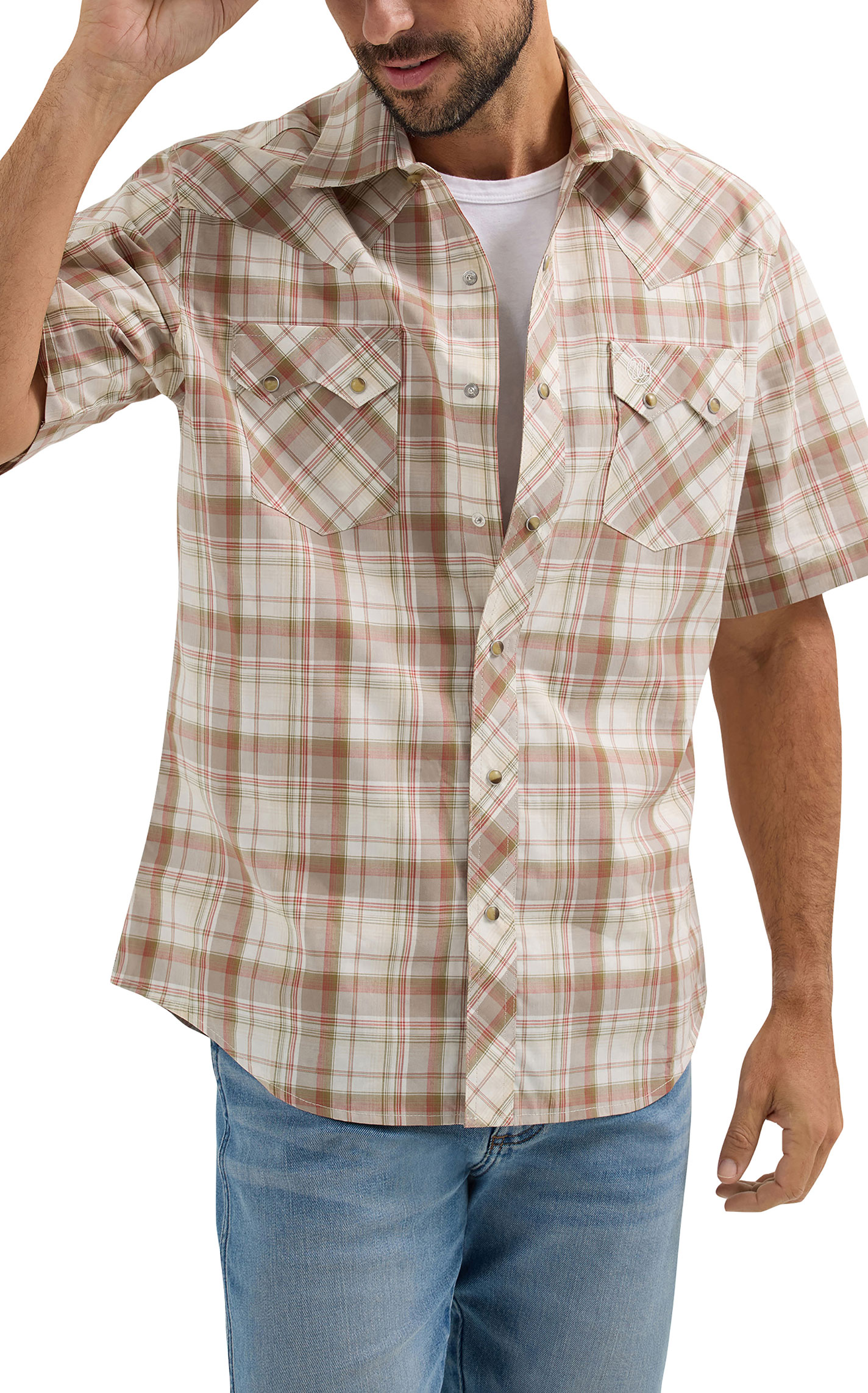 Wrangler Retro Men's Khaki Plaid Short Sleeve Western Shirt - Image 1