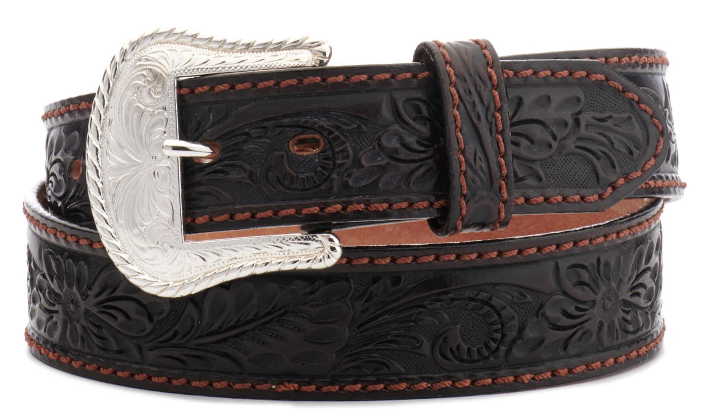 Tony Lama Men's Black Floral Tooled Western Belt - Image 1